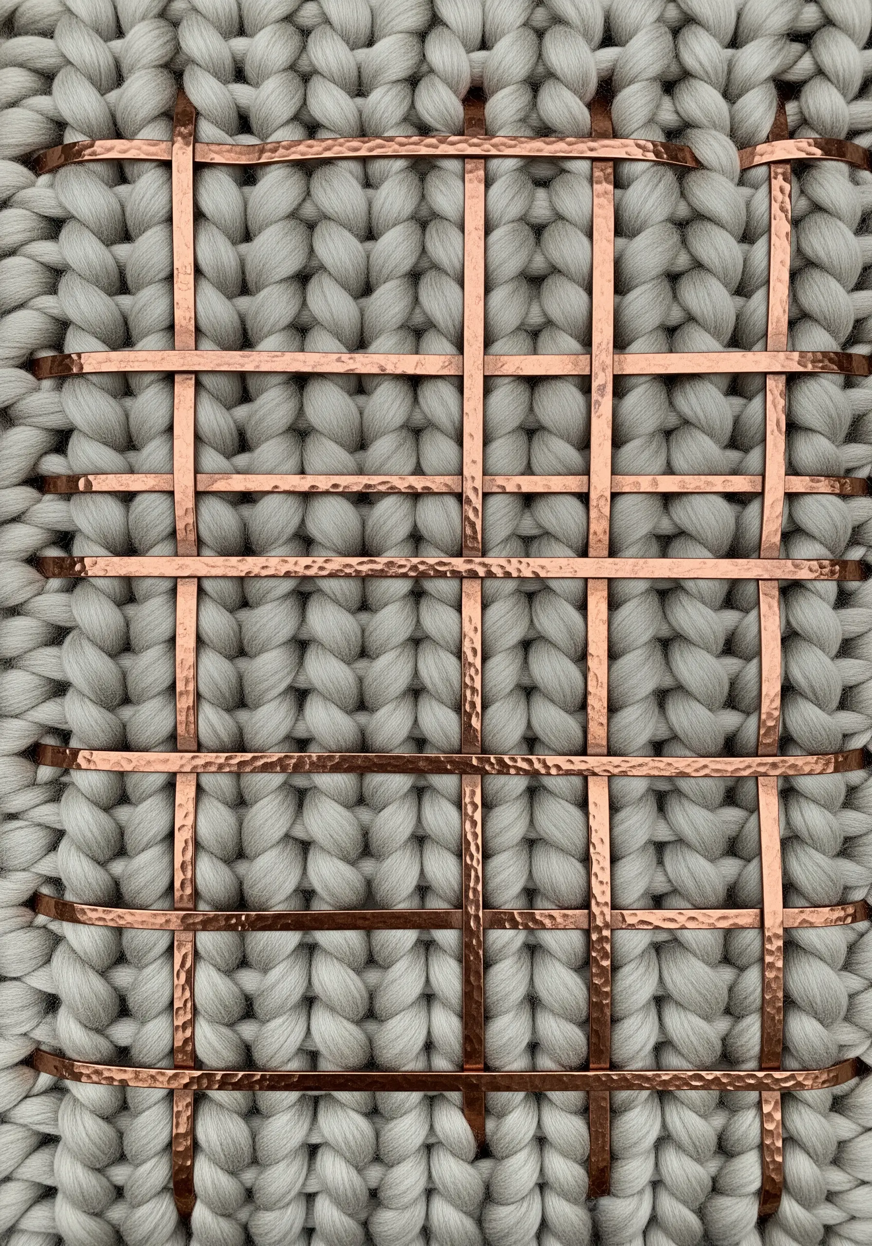 A close-up of a copper metal grid woven through a chunky gray knit texture.