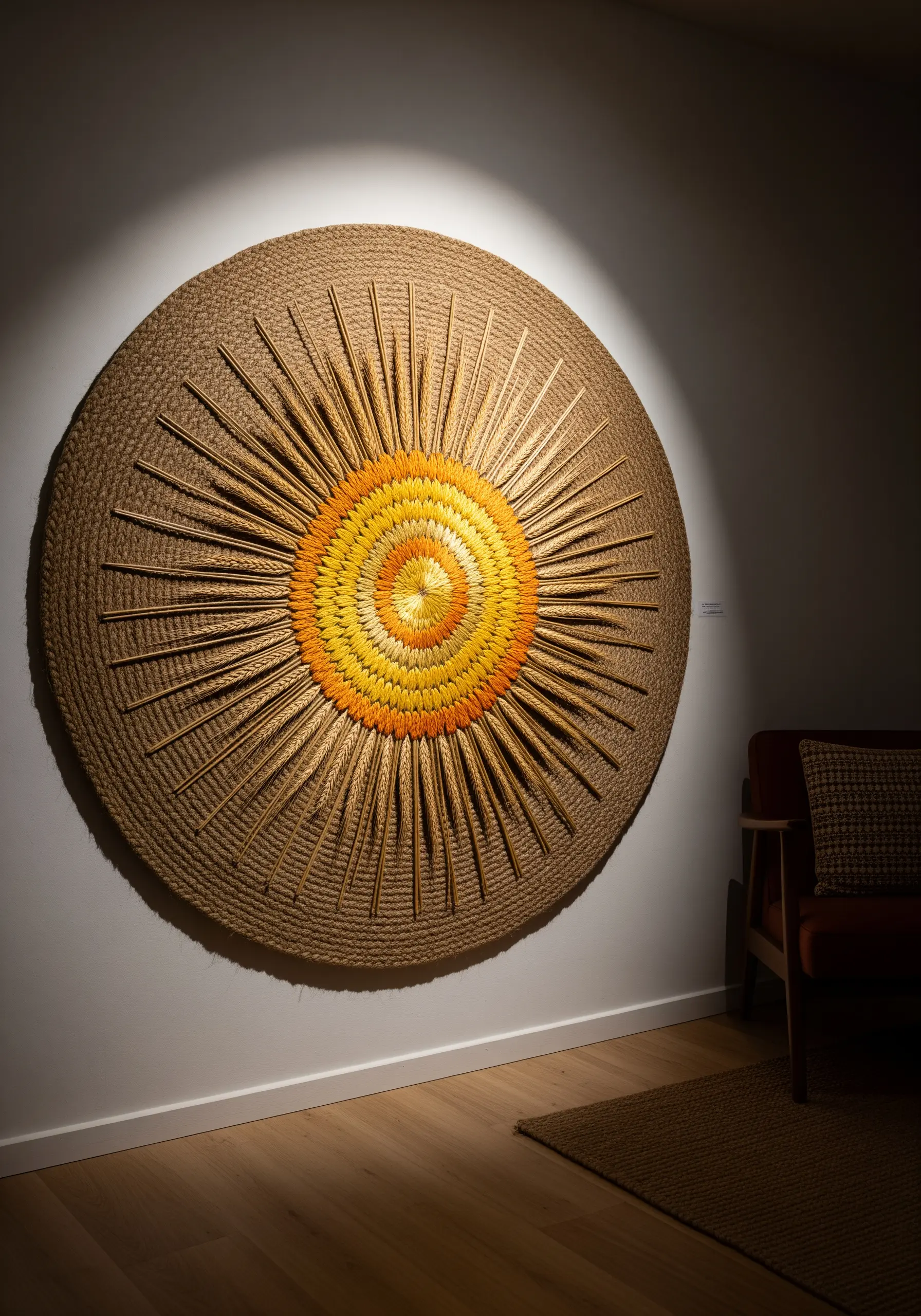 A large, circular wall hanging made of coiled rope with a woven sun and pressed wheat stalks.