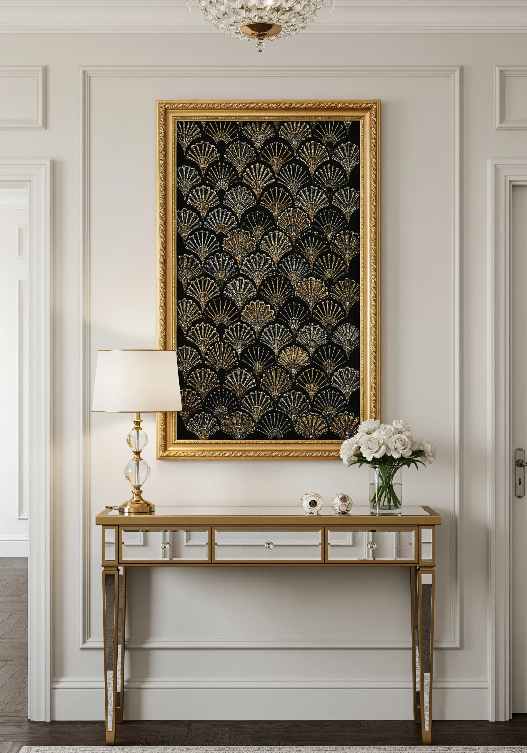 A large framed embroidery piece with a repeating Art Deco fan pattern in gold and silver metallics.