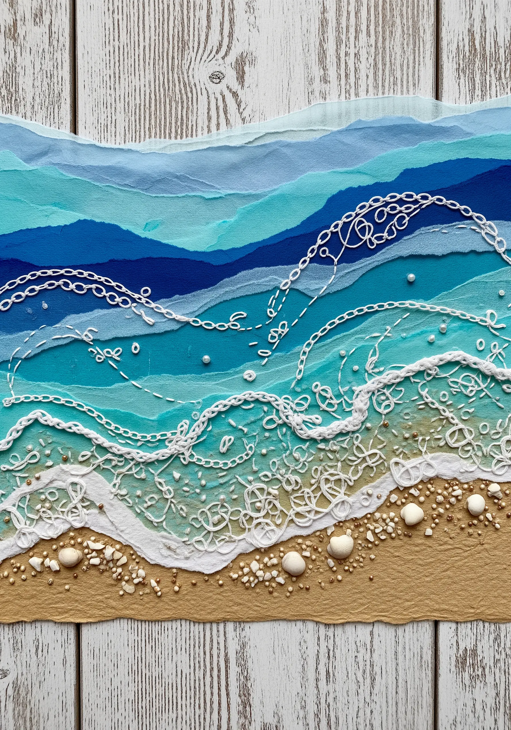 A layered paper ocean scene with intricate white embroidery depicting waves and seafoam.