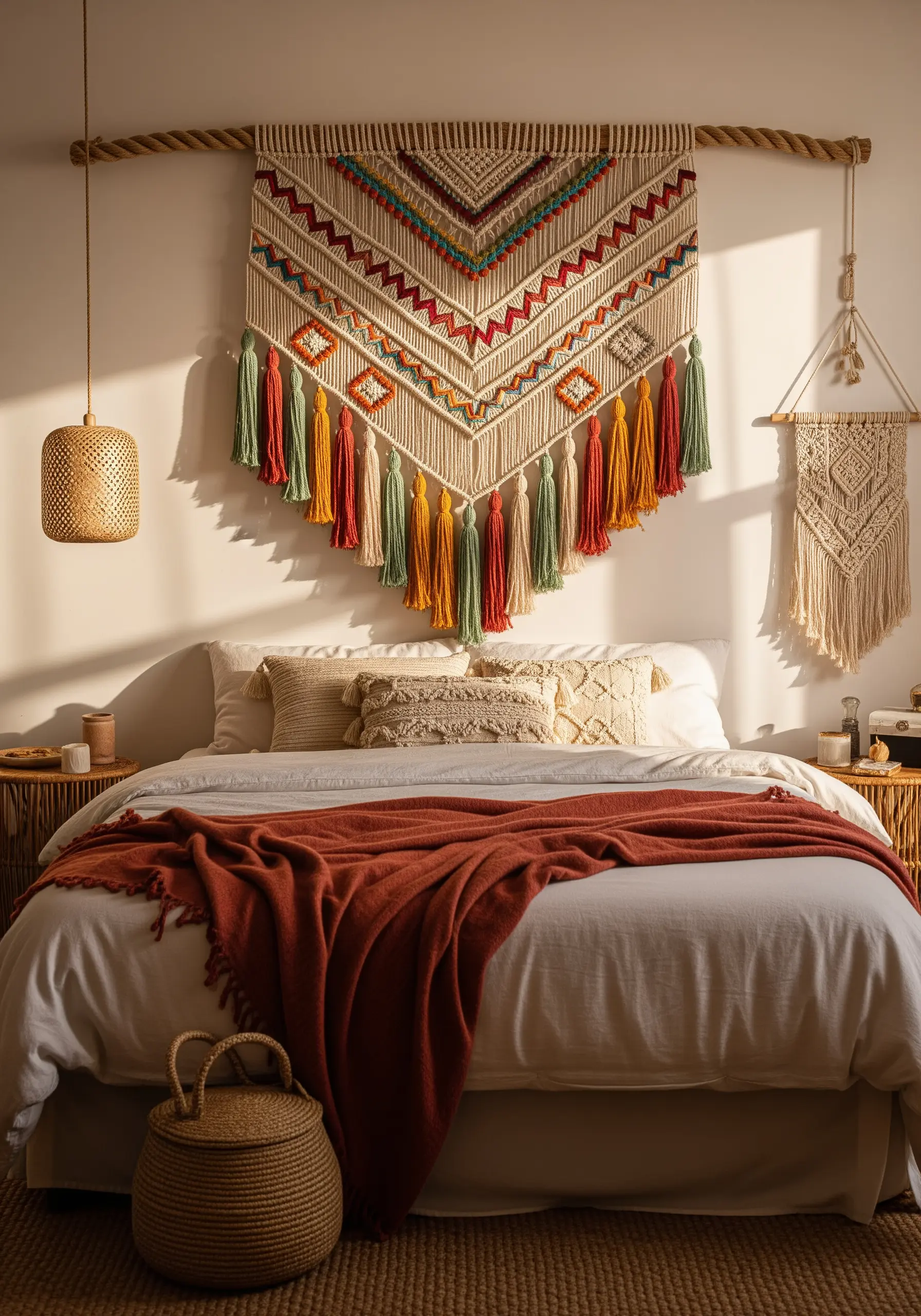 A large, colorful macrame wall hanging with tassels above a bed in a boho-style bedroom.