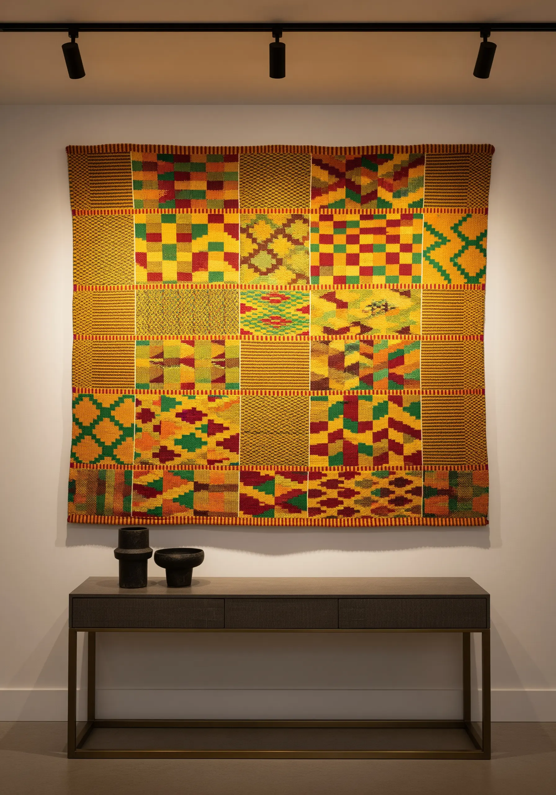 A vibrant Kente cloth textile with geometric patterns hanging on a gallery wall.
