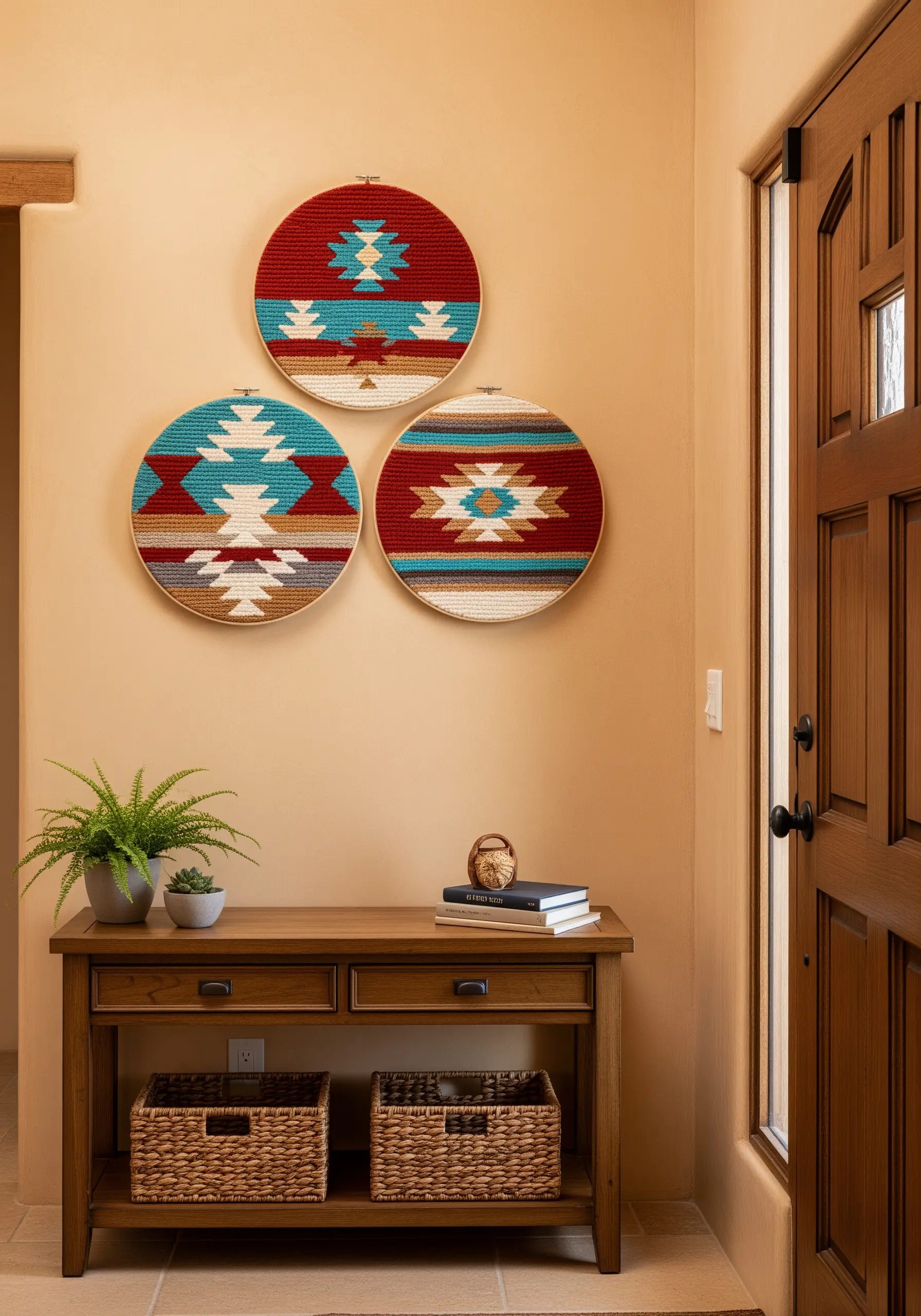 Three embroidery hoops with woven-style geometric patterns in earthy tones.