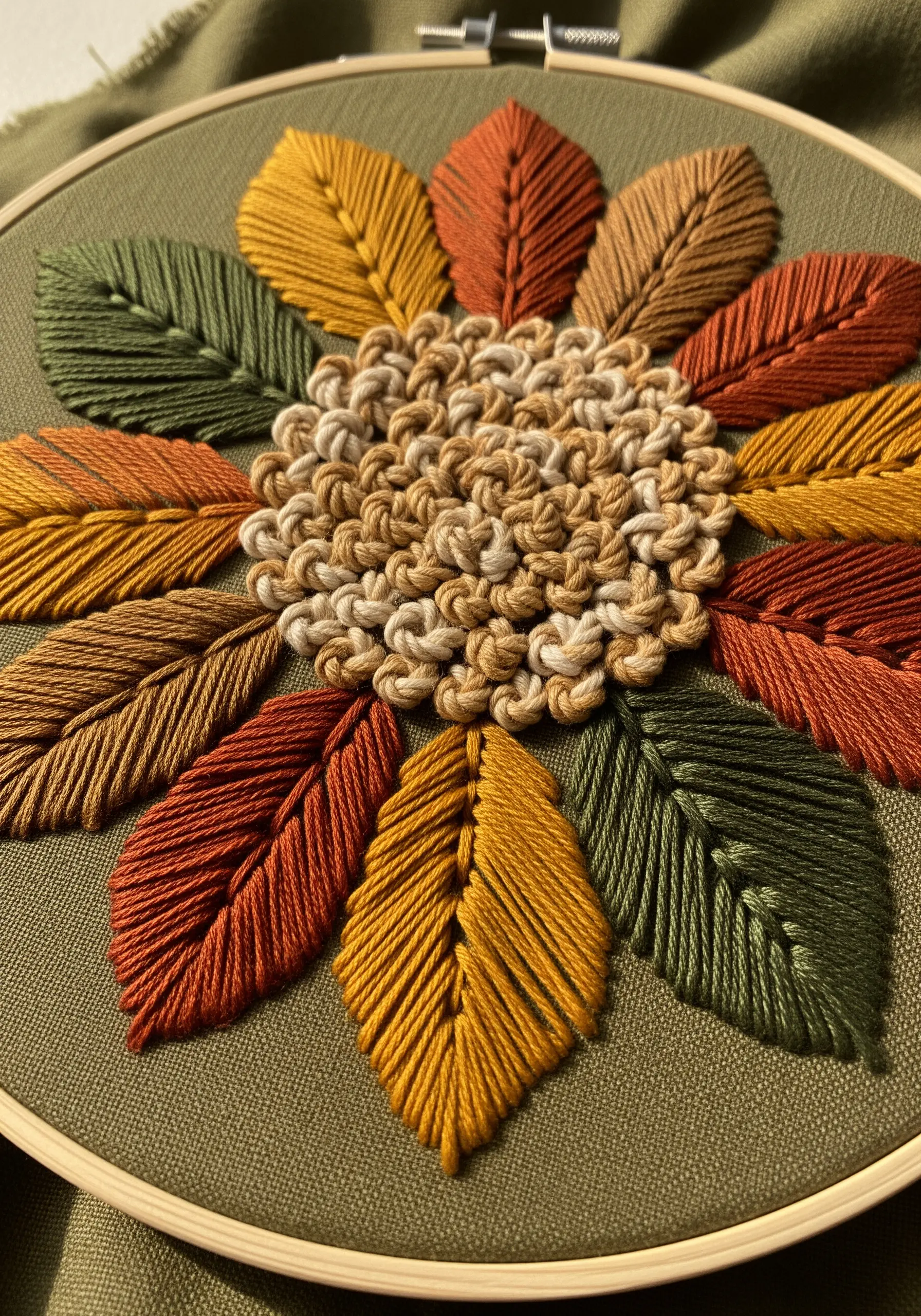 Autumnal mandala with a knotted stitch center and satin stitch leaves in gold, orange, and green.
