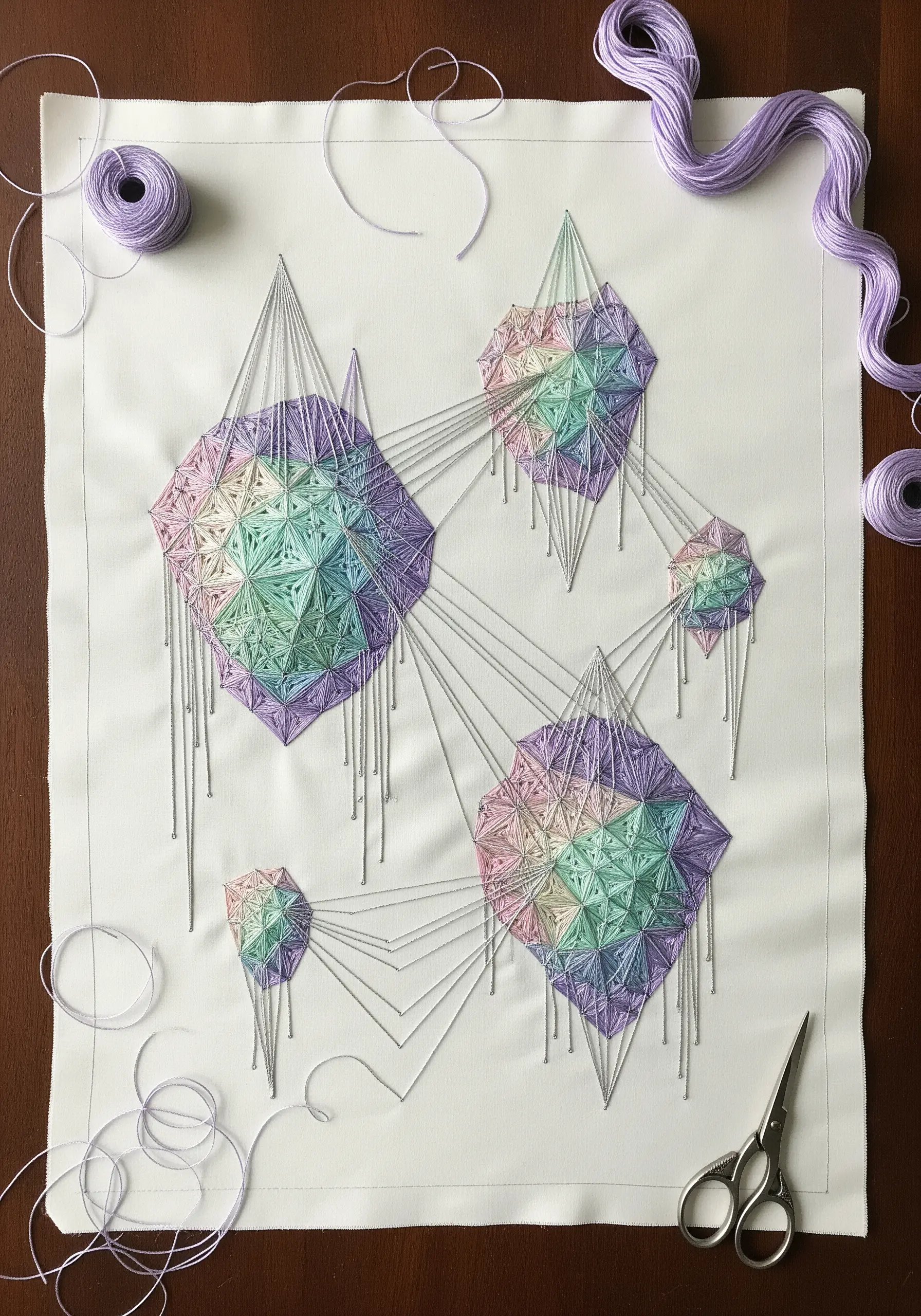 Geometric string art on white canvas creating pastel-colored crystalline shapes.