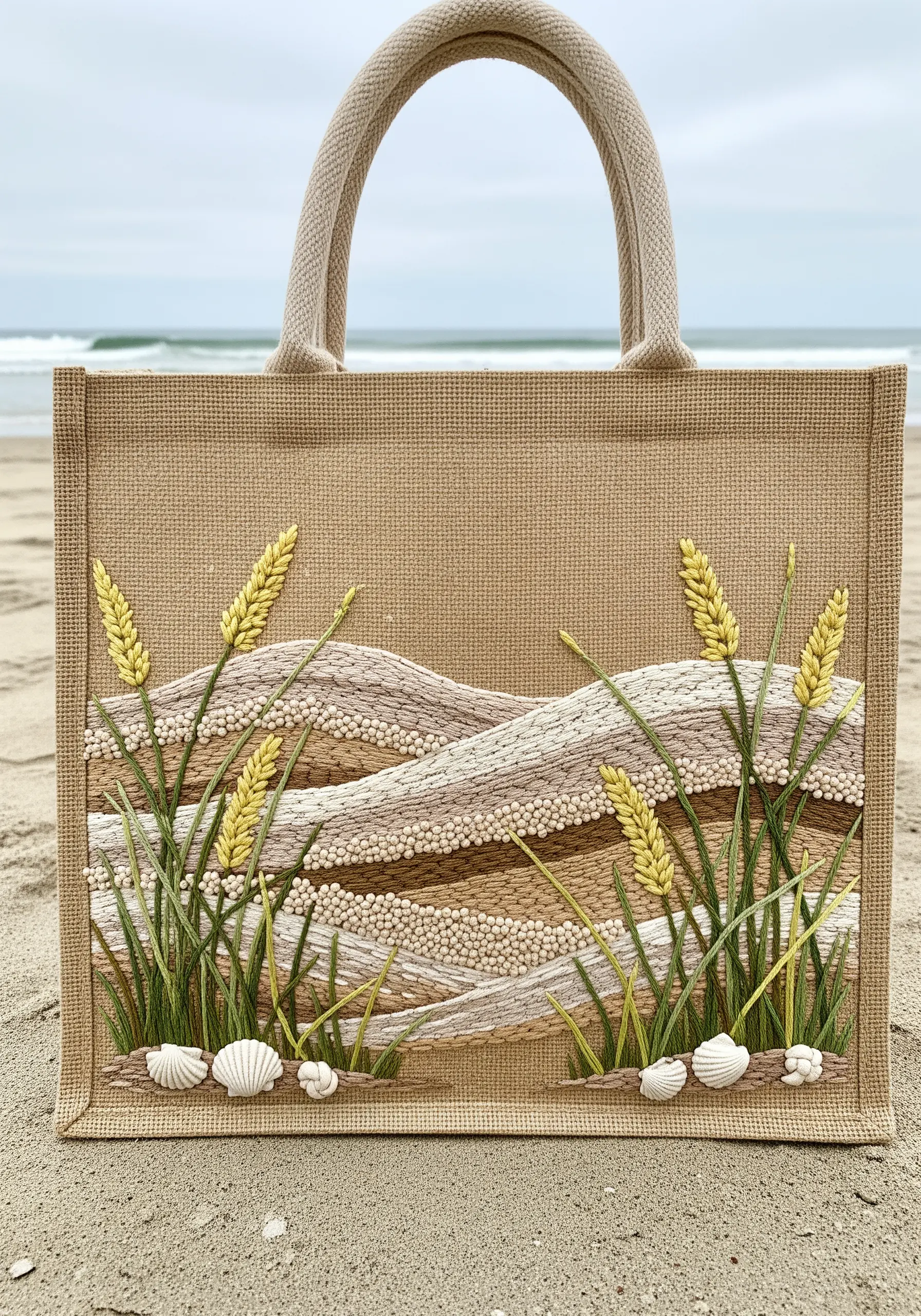 A jute tote bag embroidered with a textured beach scene of sand dunes and sea grass.