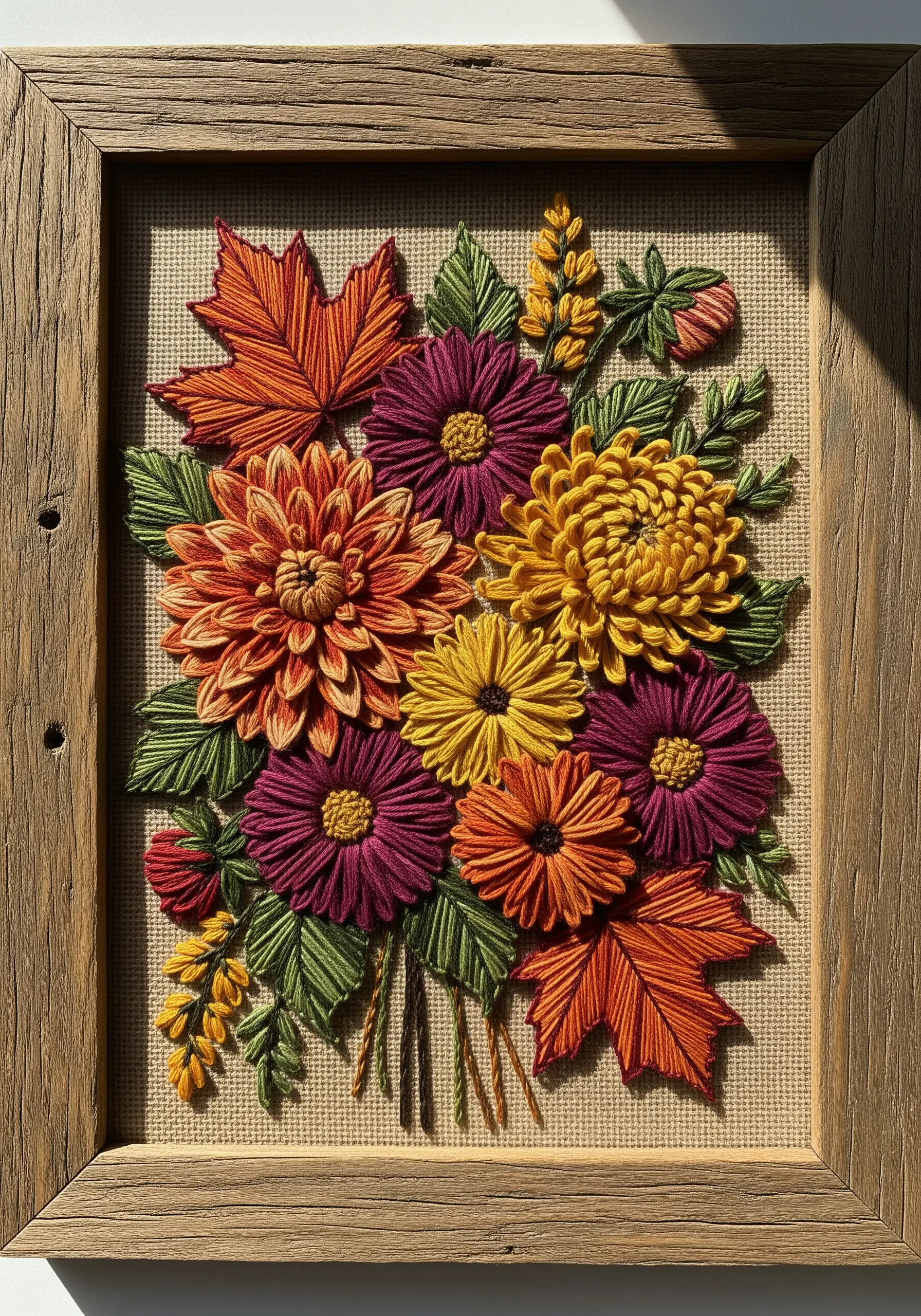 Framed embroidery of an autumn bouquet with orange, yellow, and burgundy mums and dahlias.
