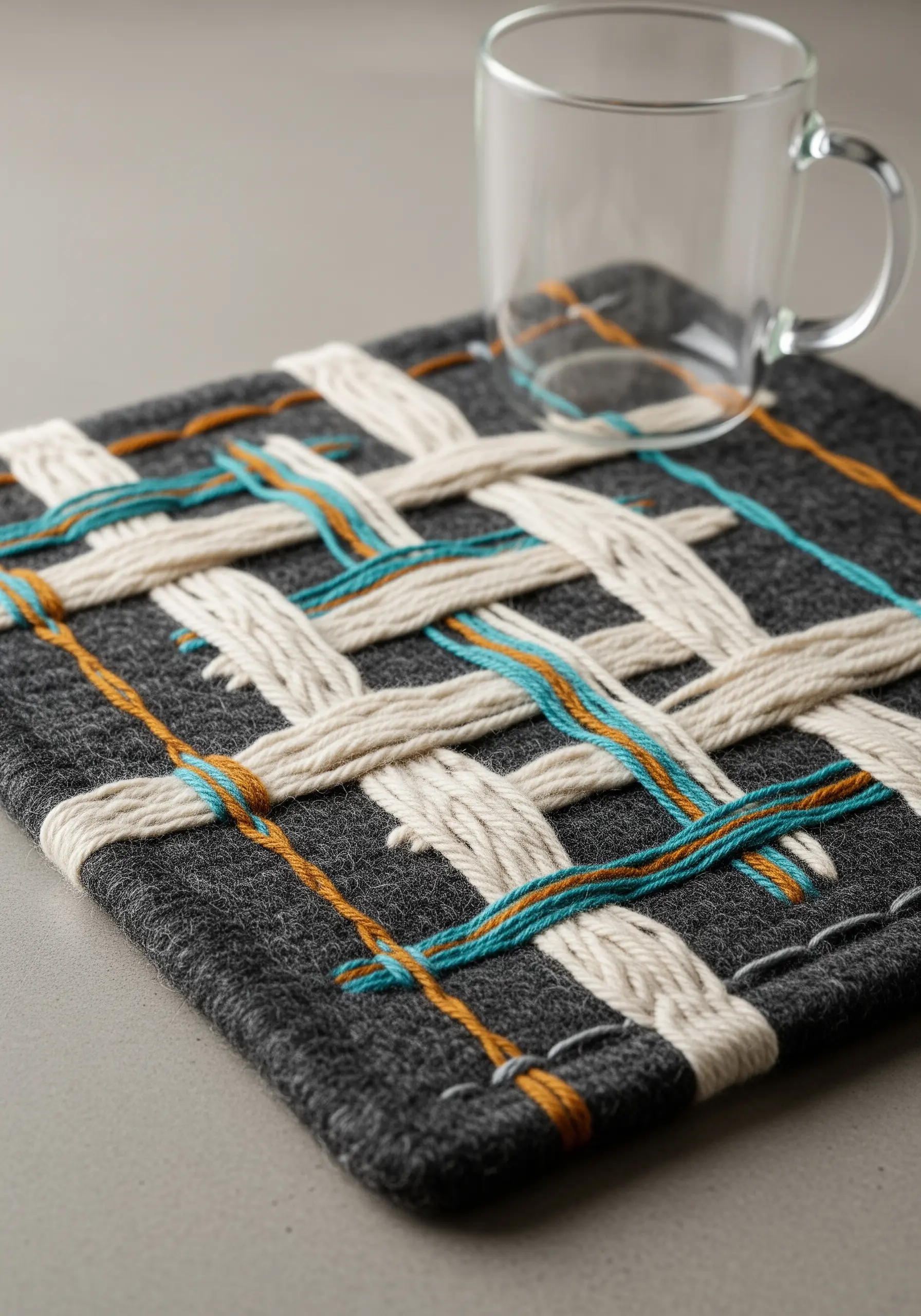 A woven mug rug with thick cream yarn interlaced with thinner blue and orange threads.