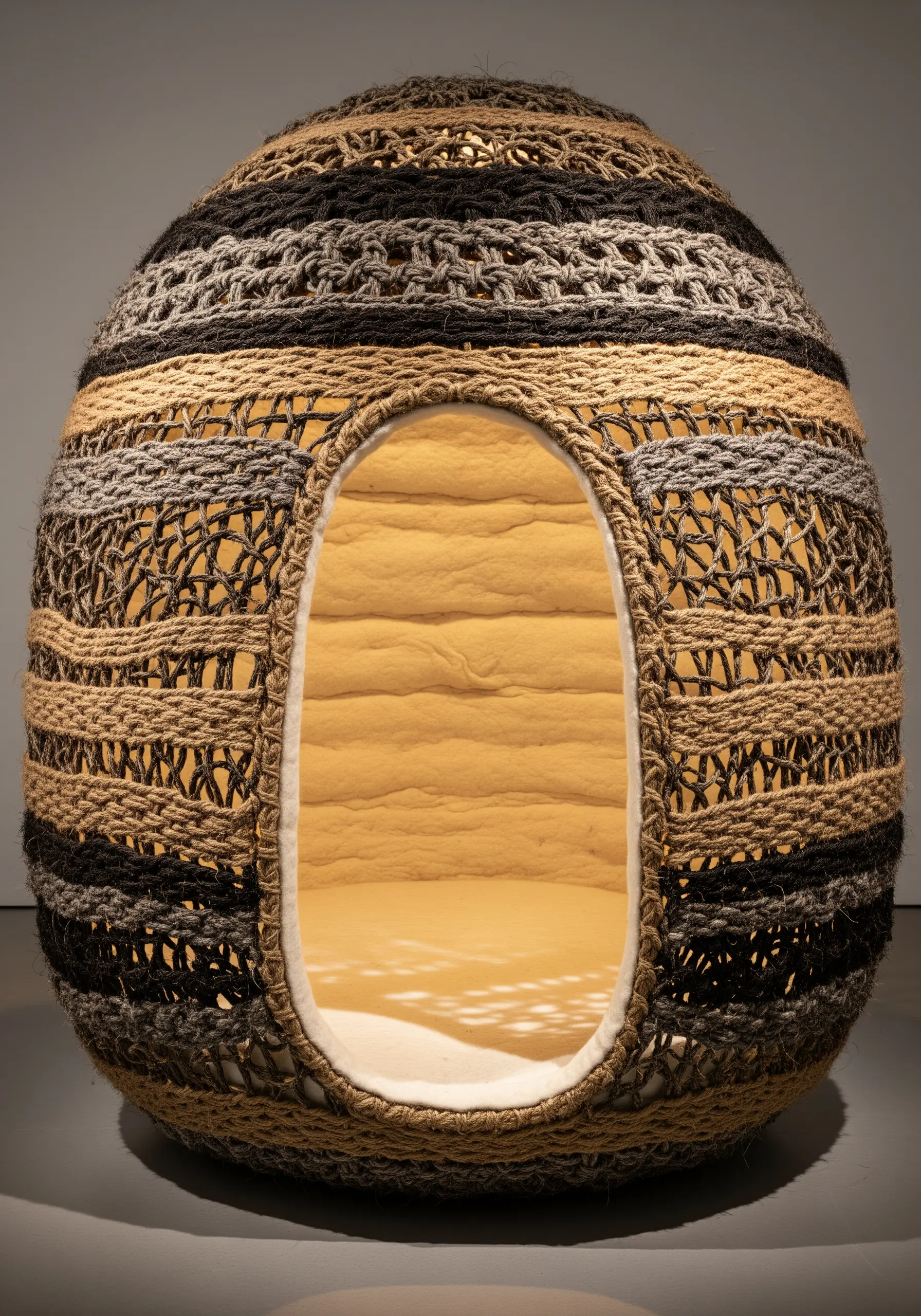 A large, spherical pod with sections of open-work weaving in neutral-toned fibers.