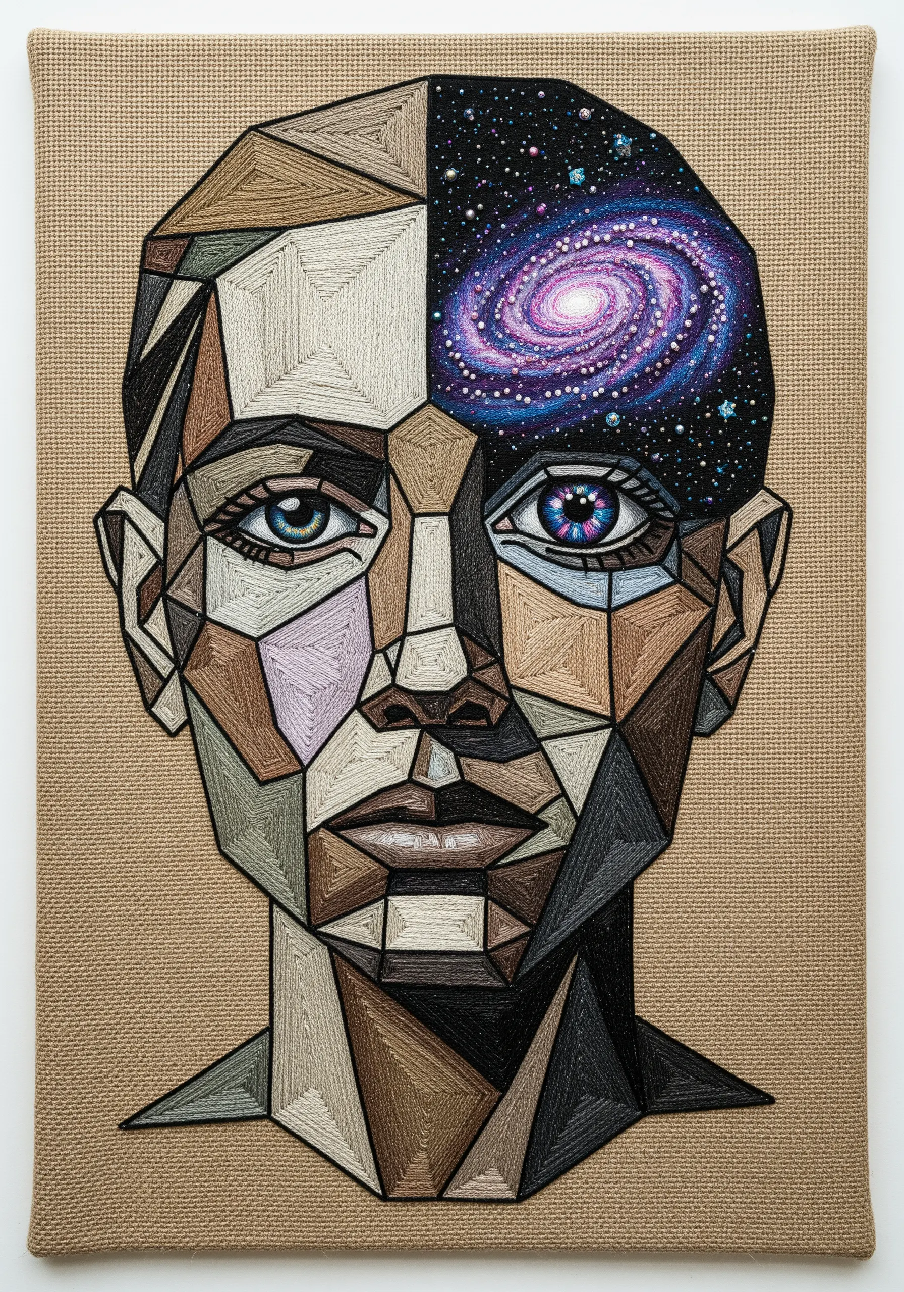 A Cubist portrait where one half of the brain is an embroidered swirling galaxy.