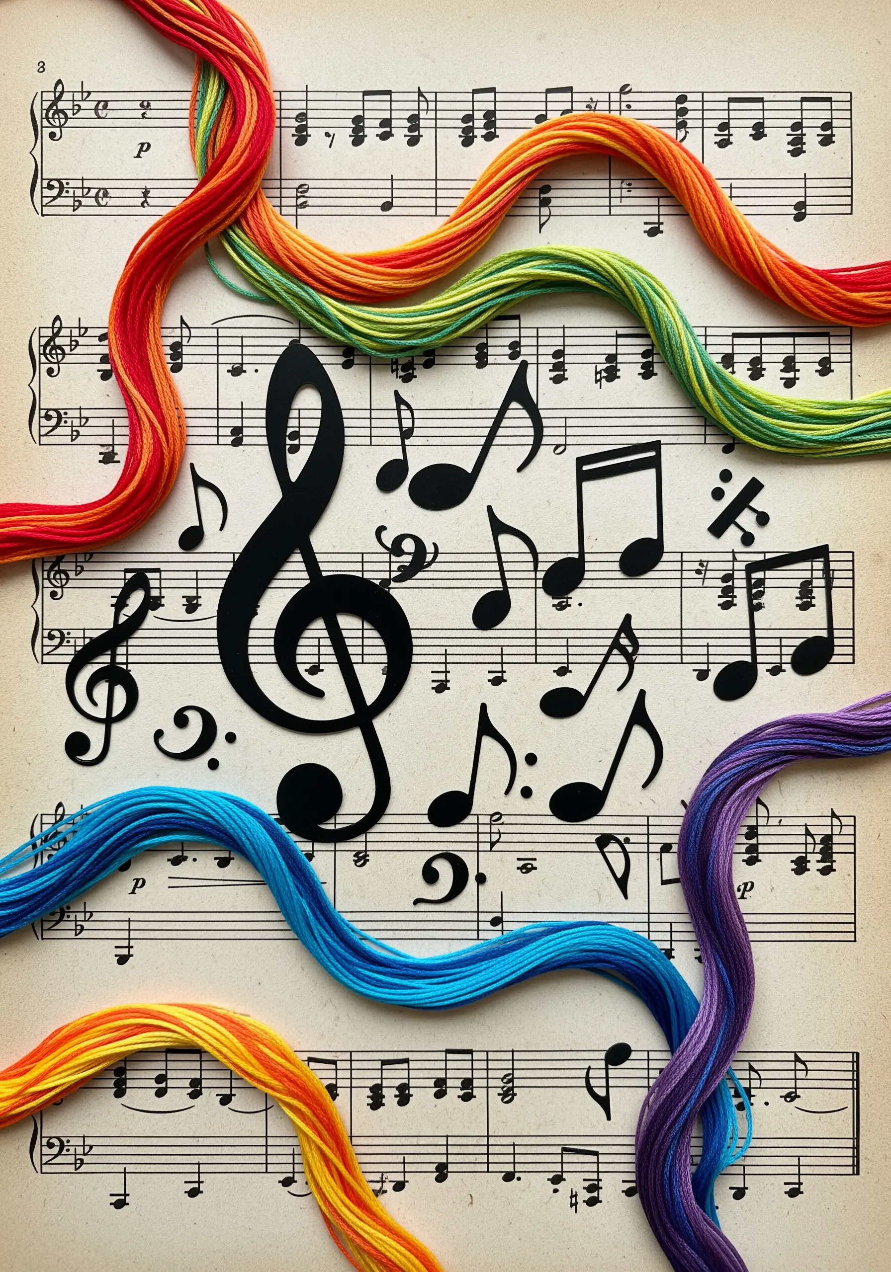 Rainbow-colored thread woven through a sheet of music with paper musical notes collaged on top.