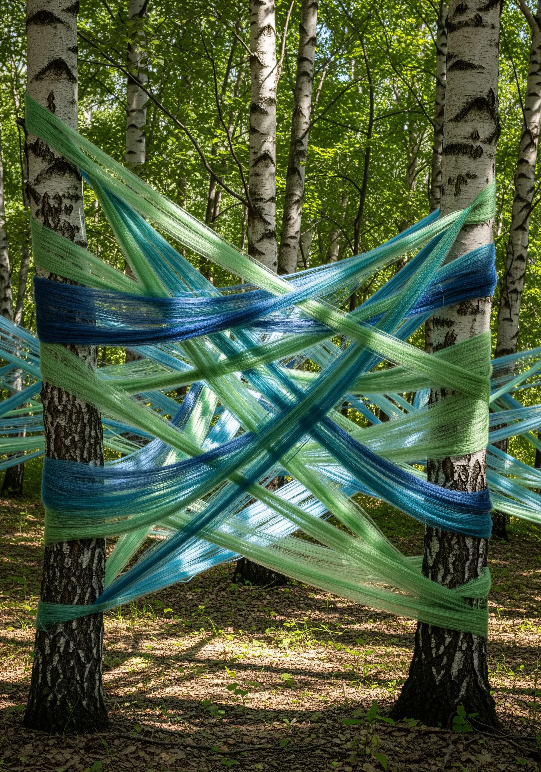 Threads stretched across an open space, creating a woven, layered effect.