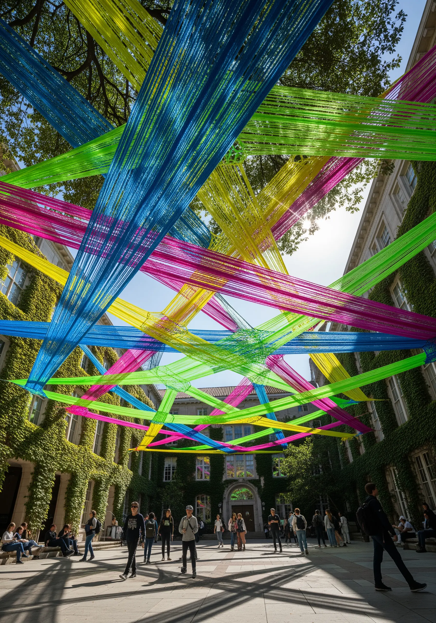 A canopy of brightly colored yarn stretched between buildings over a courtyard.