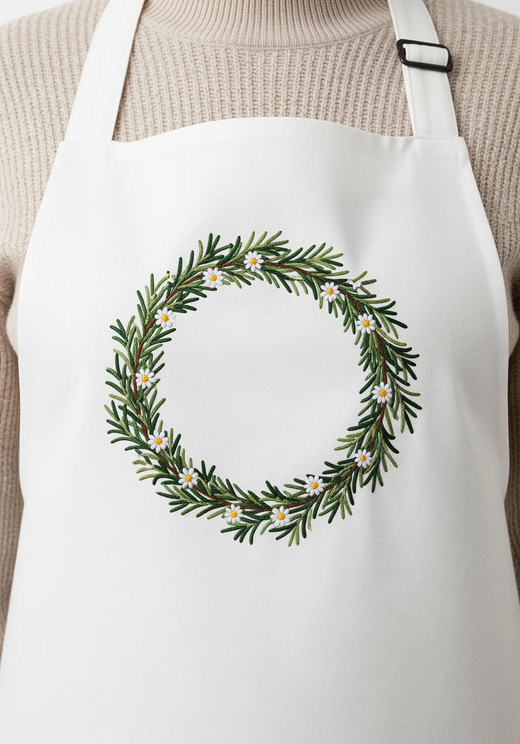 An embroidered wreath of rosemary and tiny white daisies on the front of a white apron.