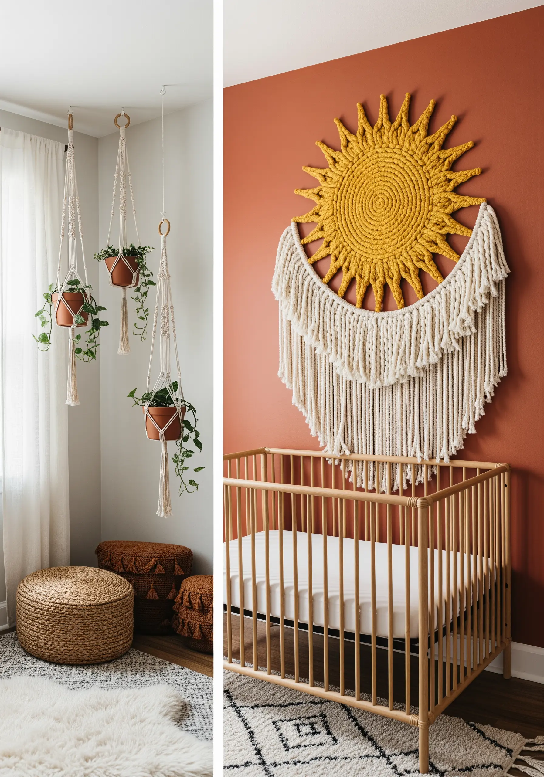 Large macrame sun wall hanging with a coiled center and long fringe rays.