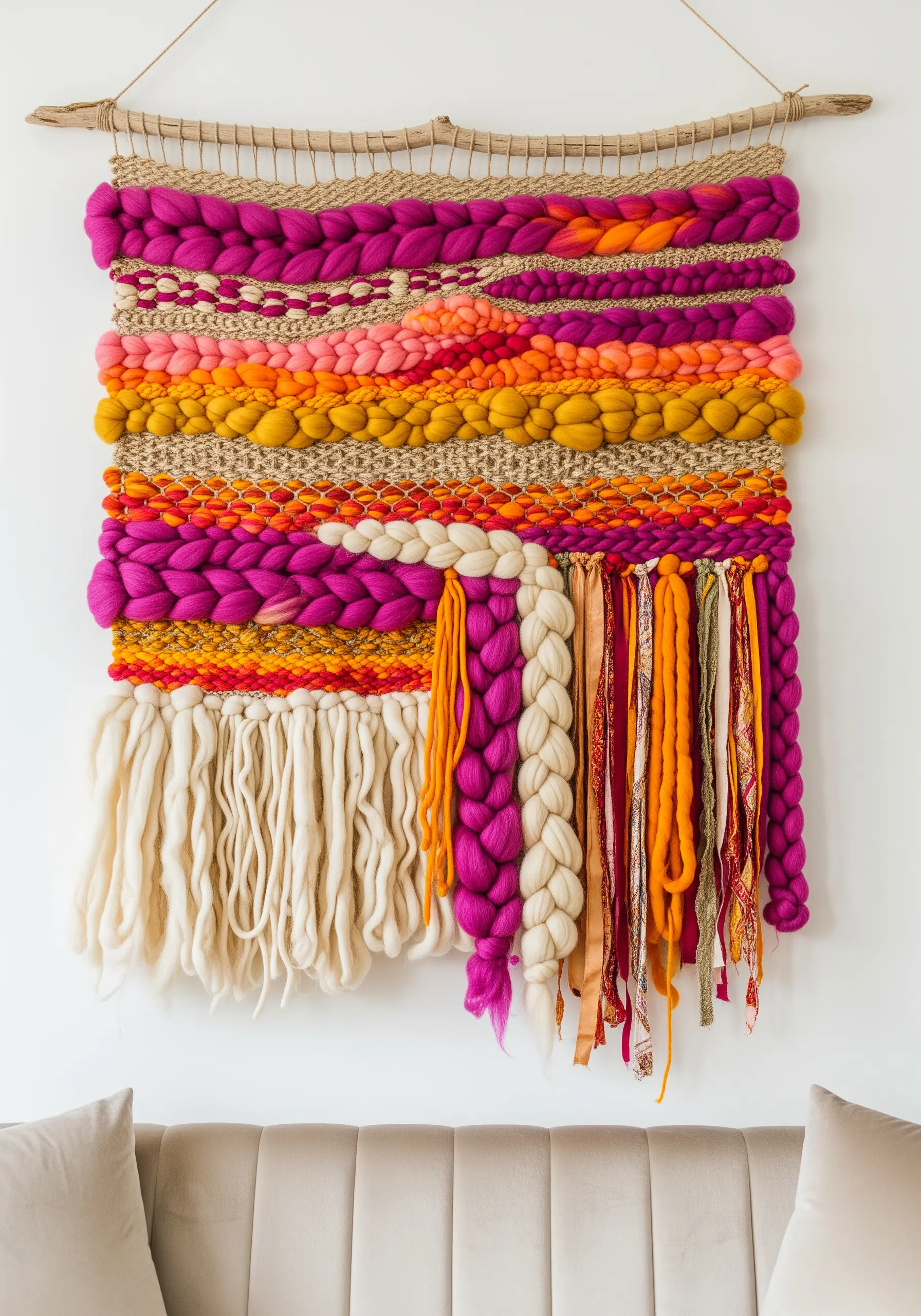 A chunky woven wall hanging in magenta, orange, and yellow with thick braids and textures.