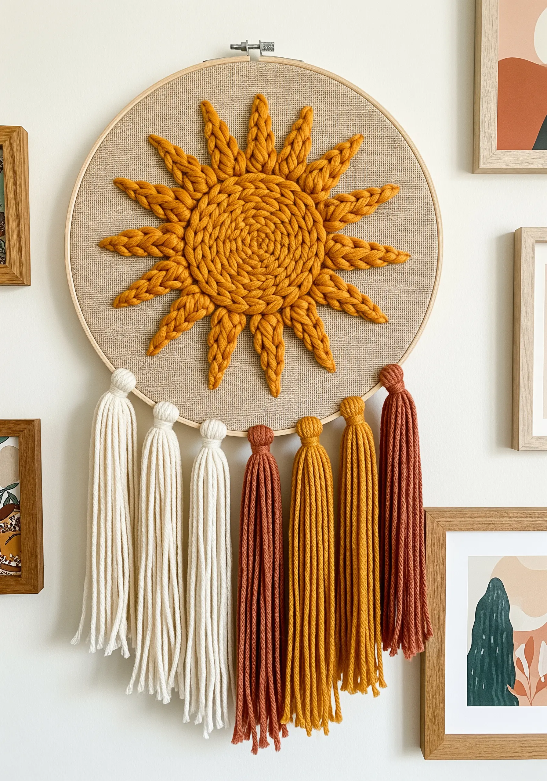 A woven sun motif inside an embroidery hoop, with chunky yarn and hanging tassels.