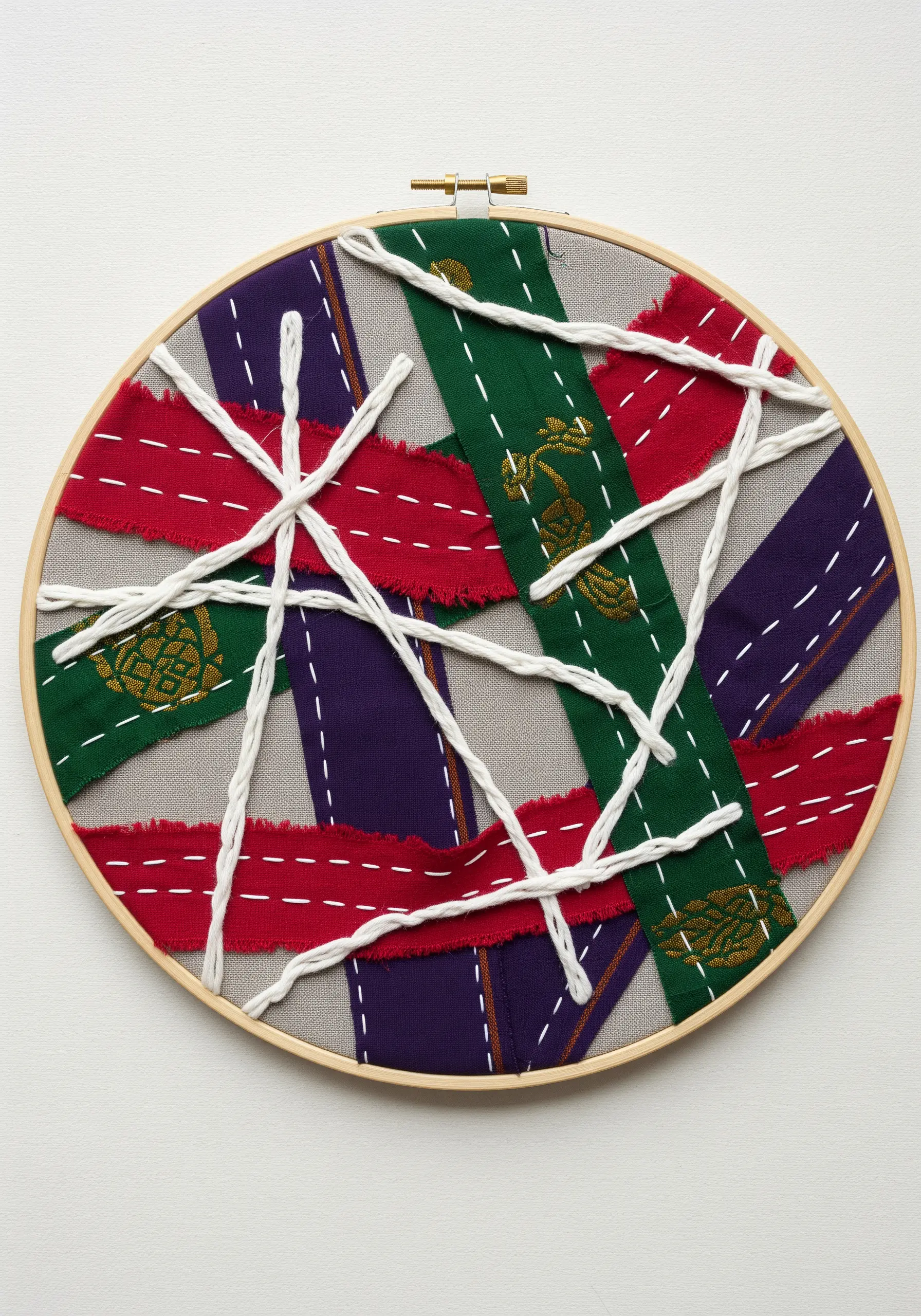 Abstract hoop art with woven white yarn over strips of red, green, and purple saree fabric.