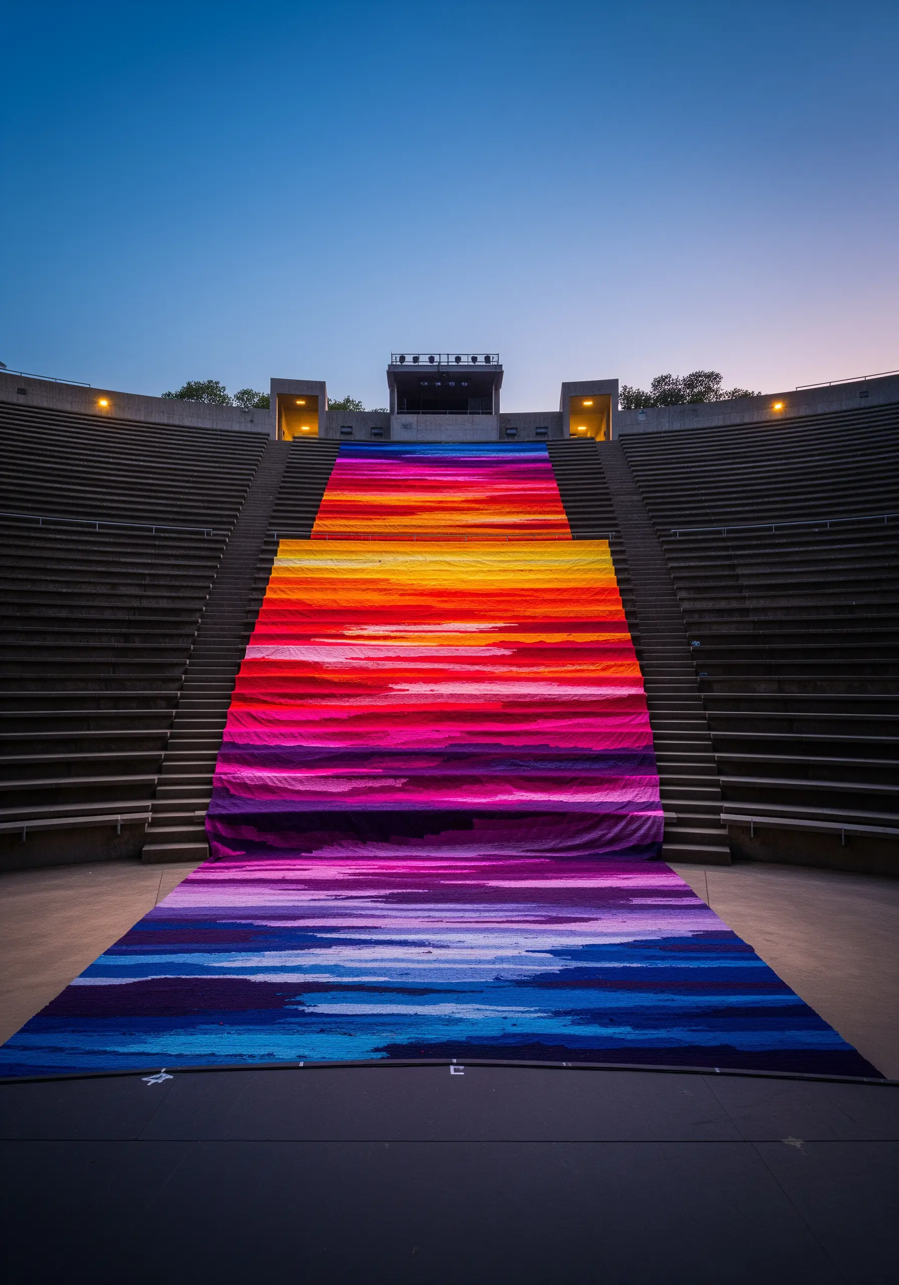 A massive textile artwork depicting a vibrant sunset, draped over amphitheater seats.
