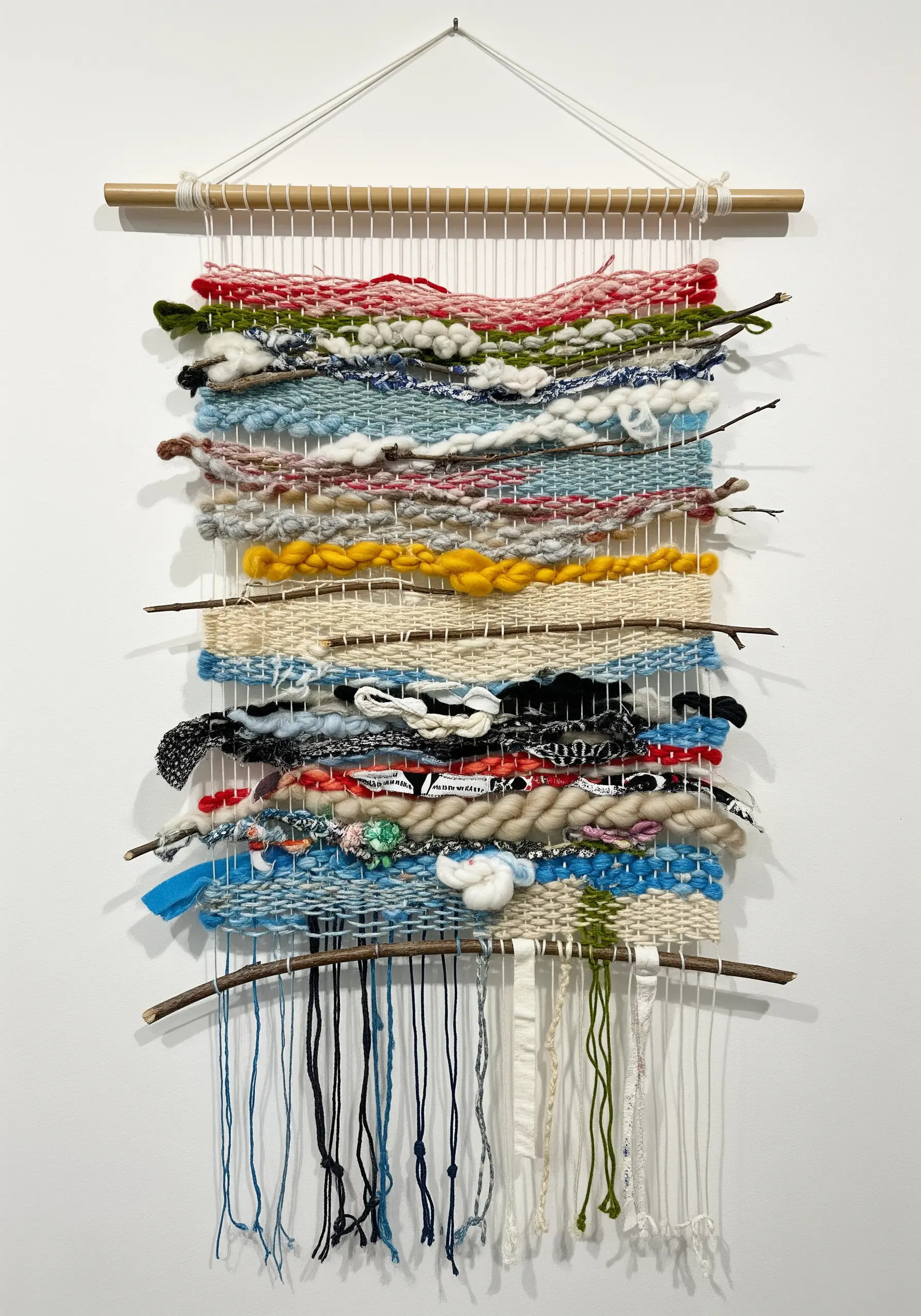 Abstract woven wall hanging featuring twigs and branches integrated with colorful yarns.