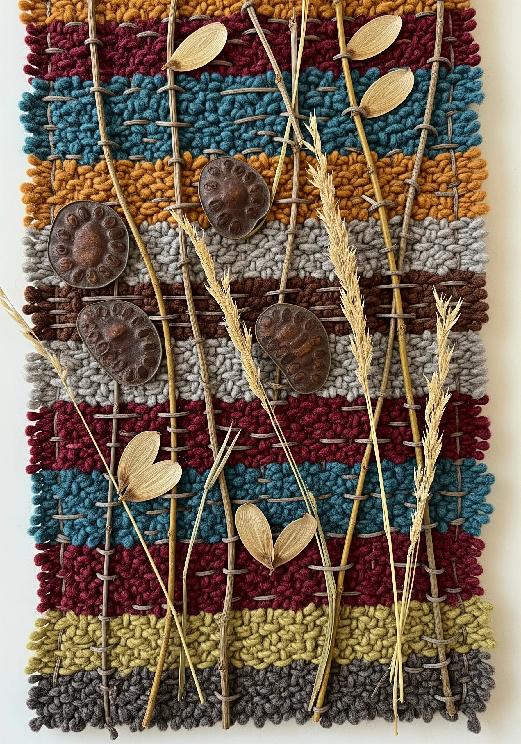 A colorful weaving with rows of yarn interspersed with dried wheat stalks, twigs, and seed pods.