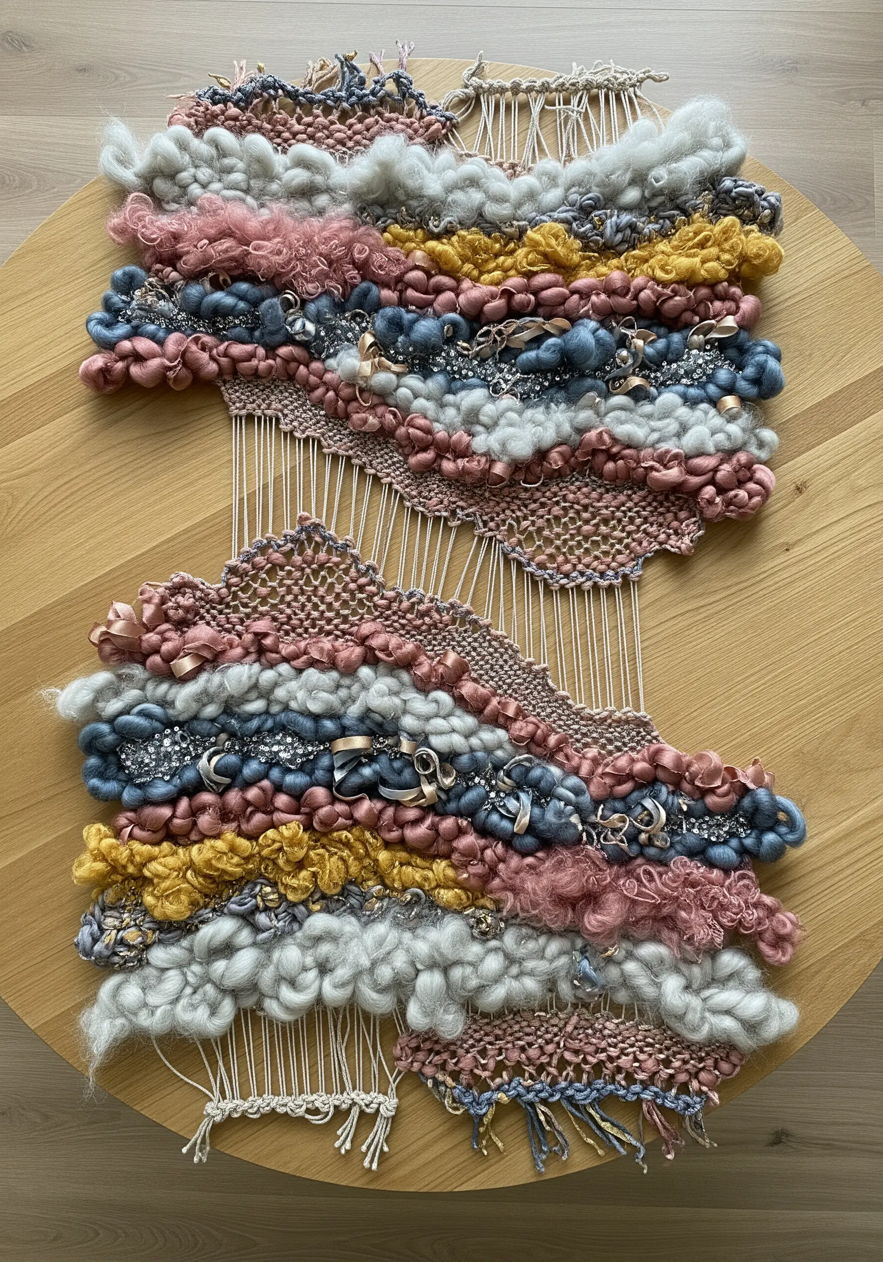 A deconstructed weaving with exposed warp threads and textured sections in pink, blue, and yellow.