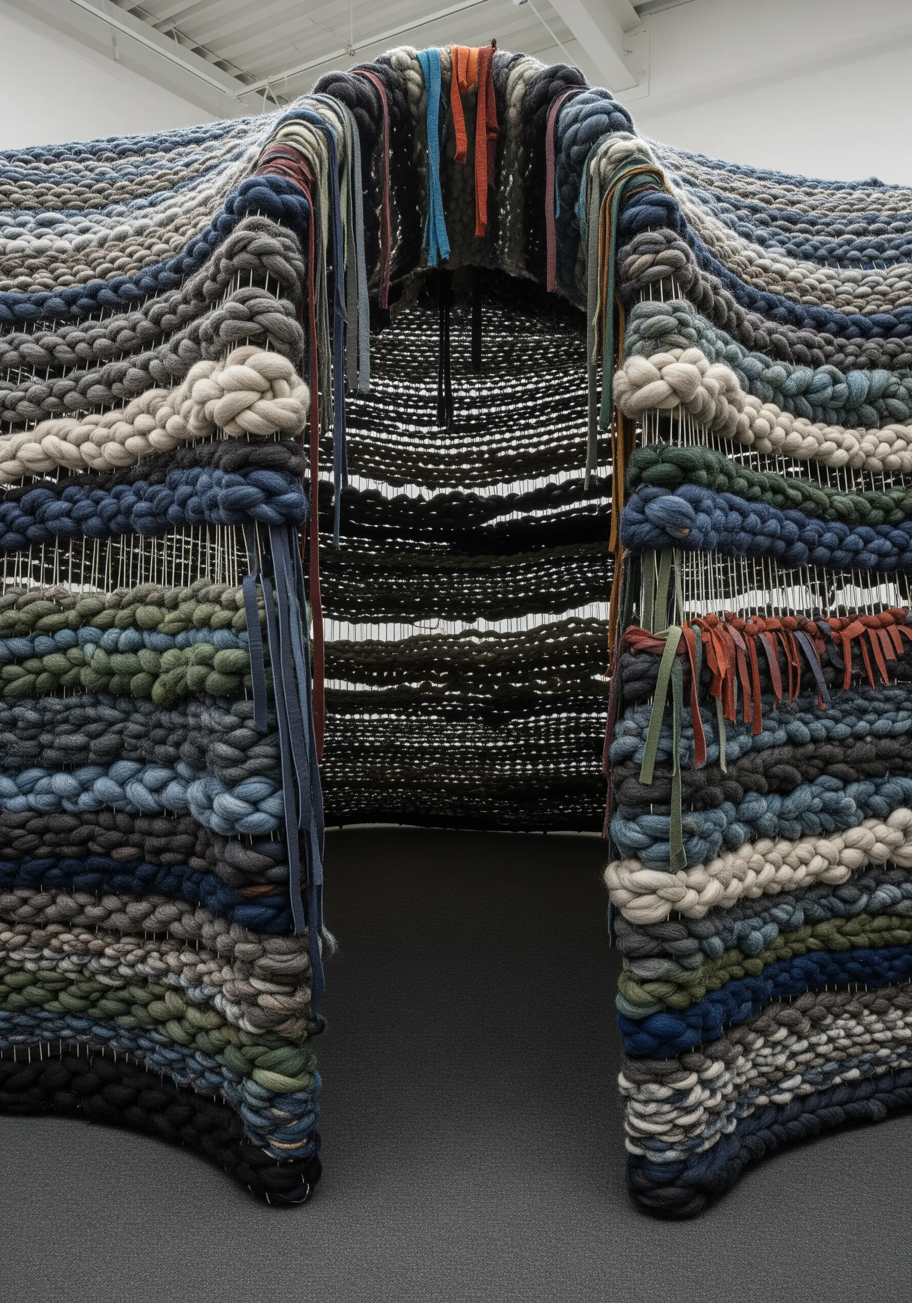 A close-up of a woven fiber art installation with thick, multicolored yarns and textures.