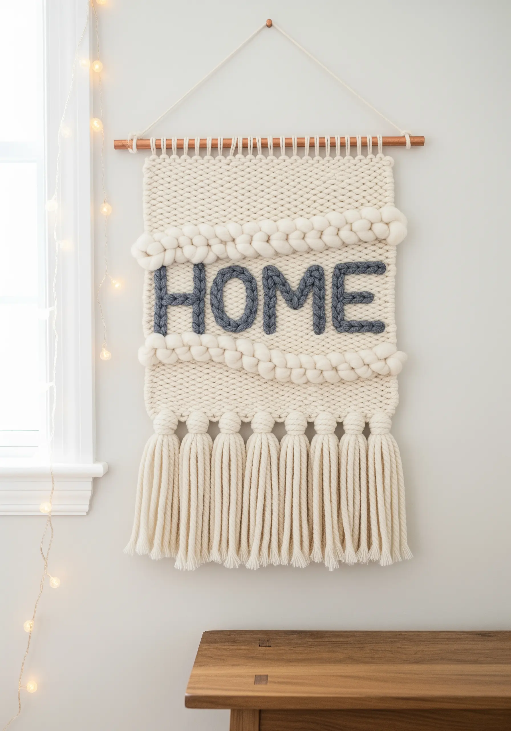 Woven wall hanging with the word 'HOME' created with chunky gray yarn inlay.