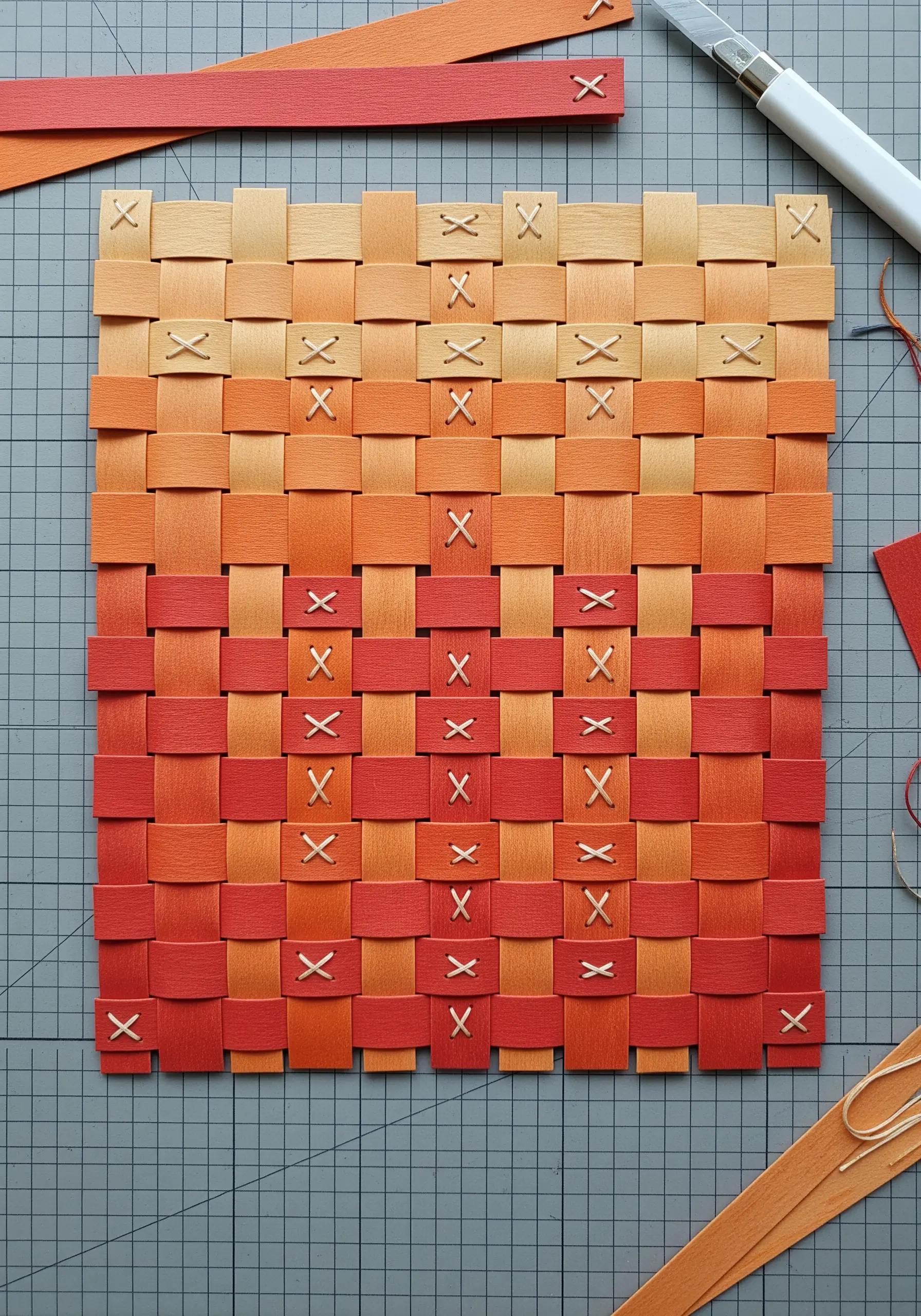 Woven paper mat in shades of orange and red, accented with cream cross stitches.