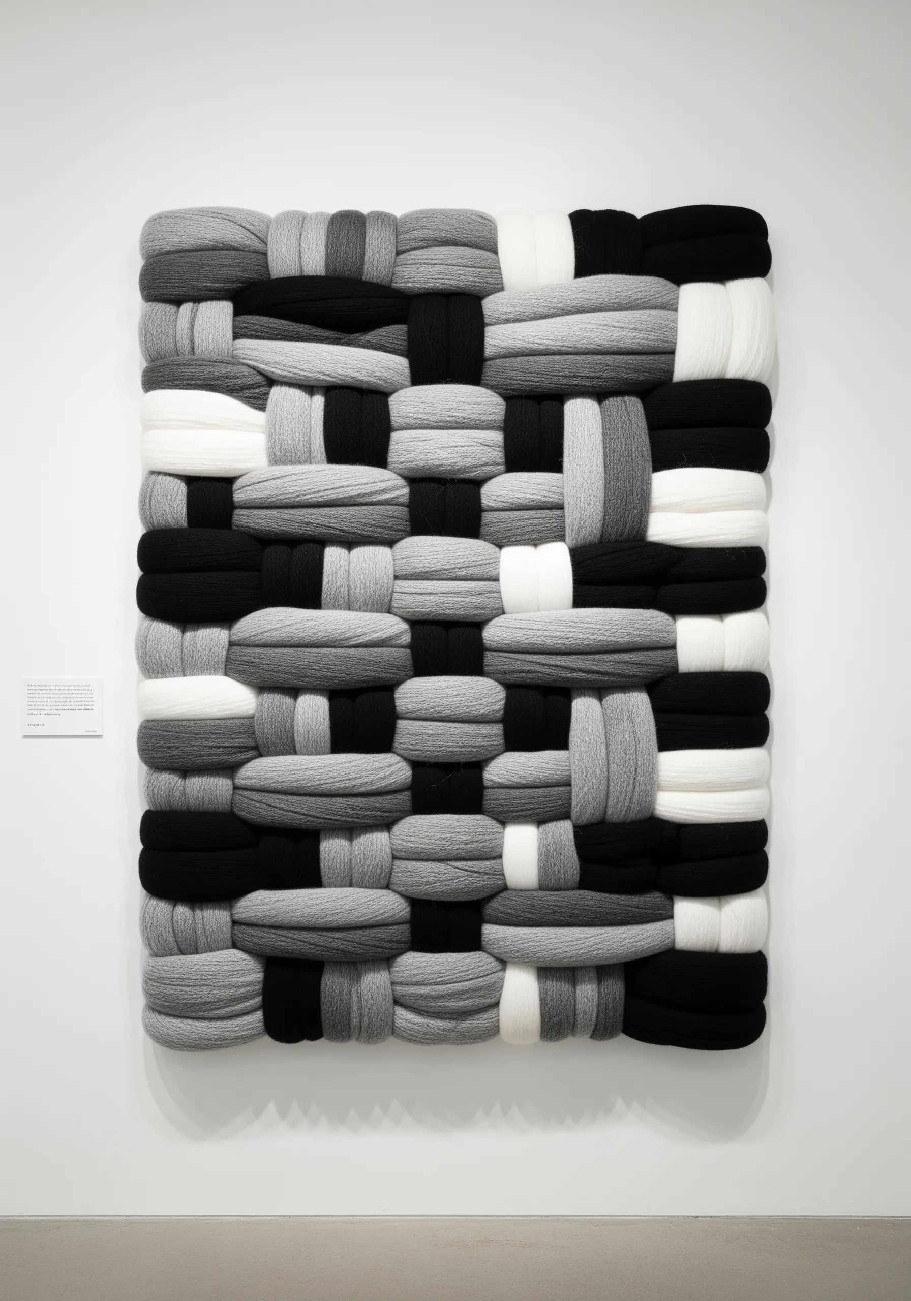 A chunky, woven wall art piece in black, white, and grey with a bold, graphic pattern.