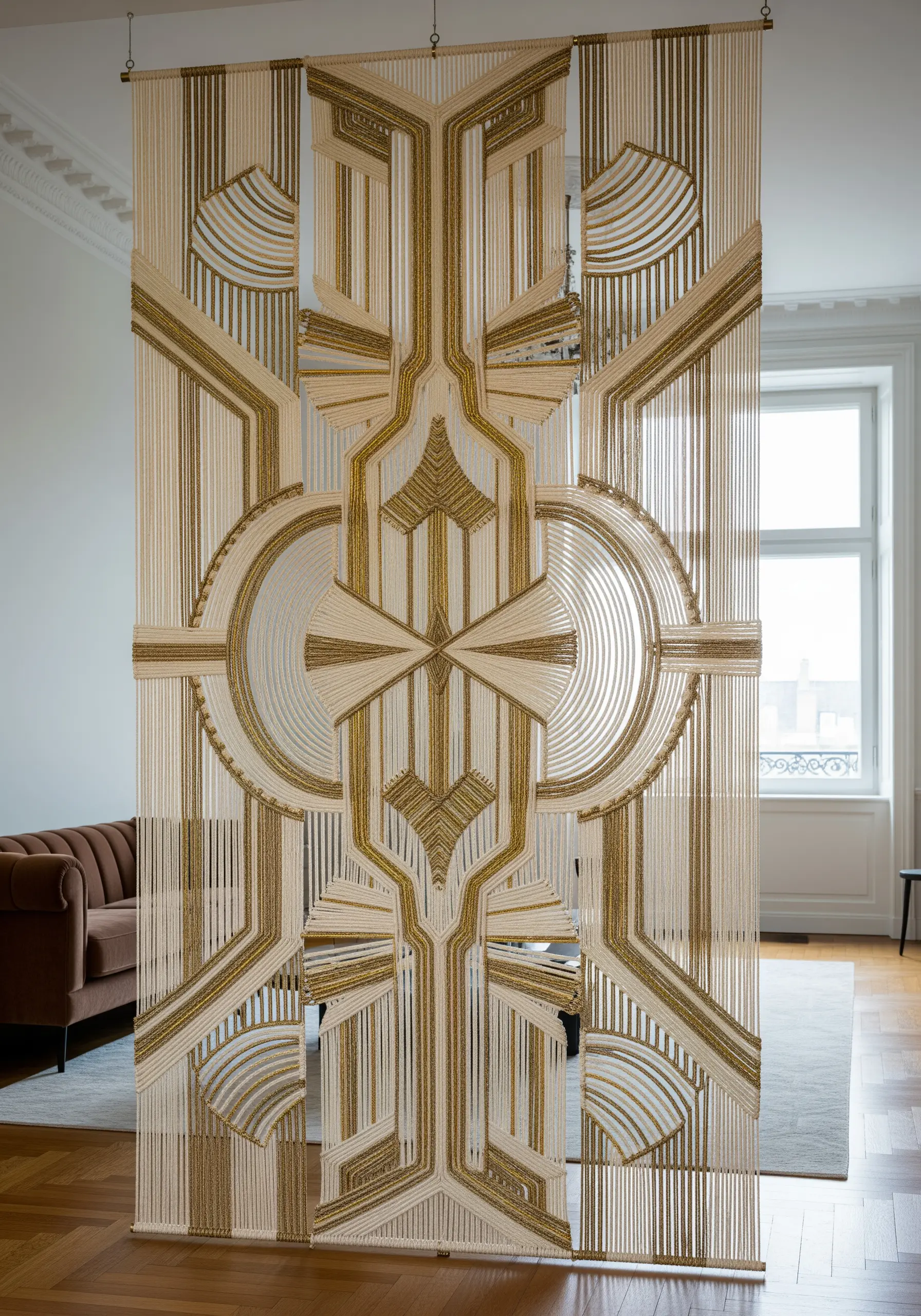 An intricate macrame room divider with a symmetrical, Art Deco-inspired pattern.