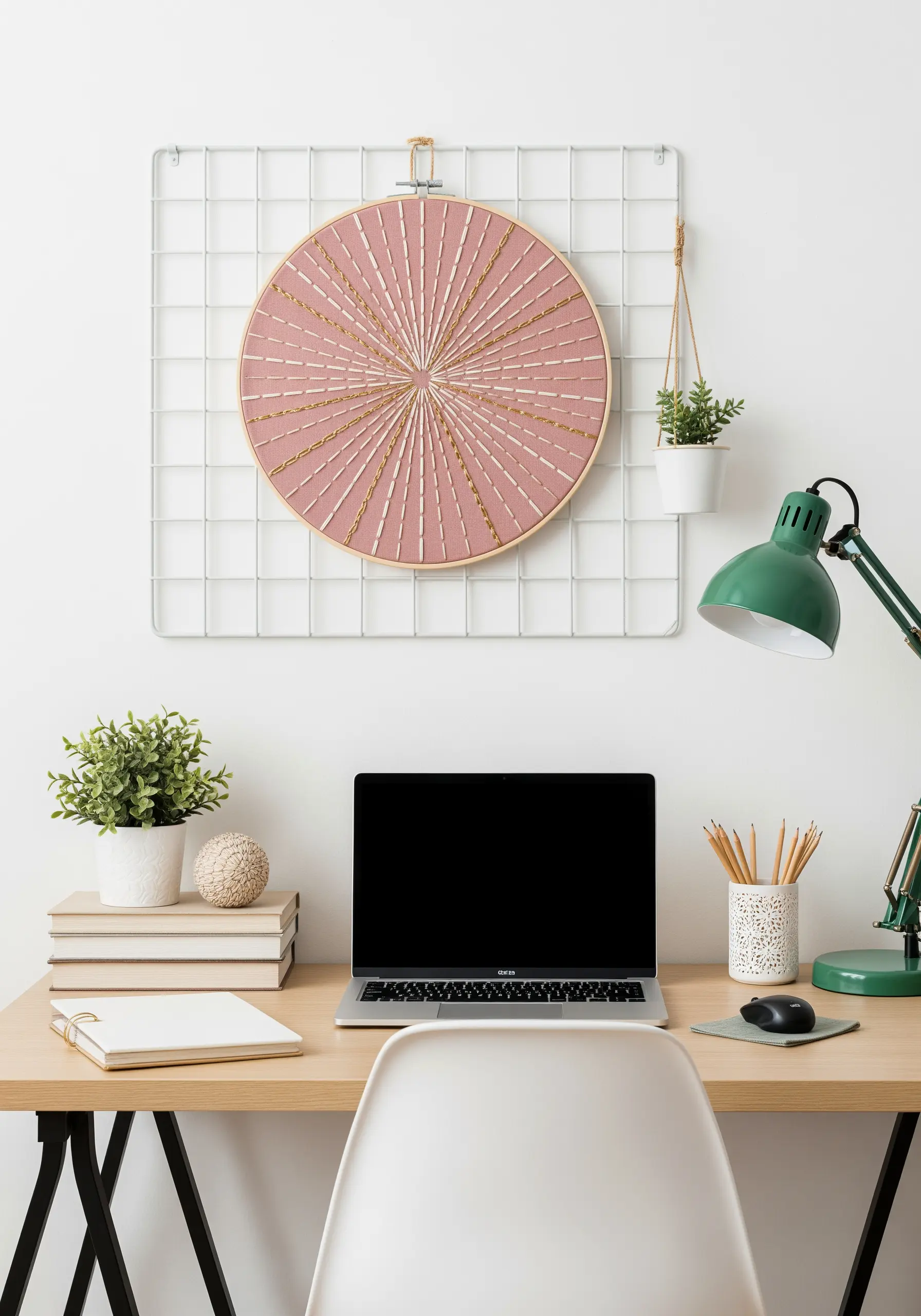 Radiating straight stitches in pink and gold thread creating a sunburst pattern.