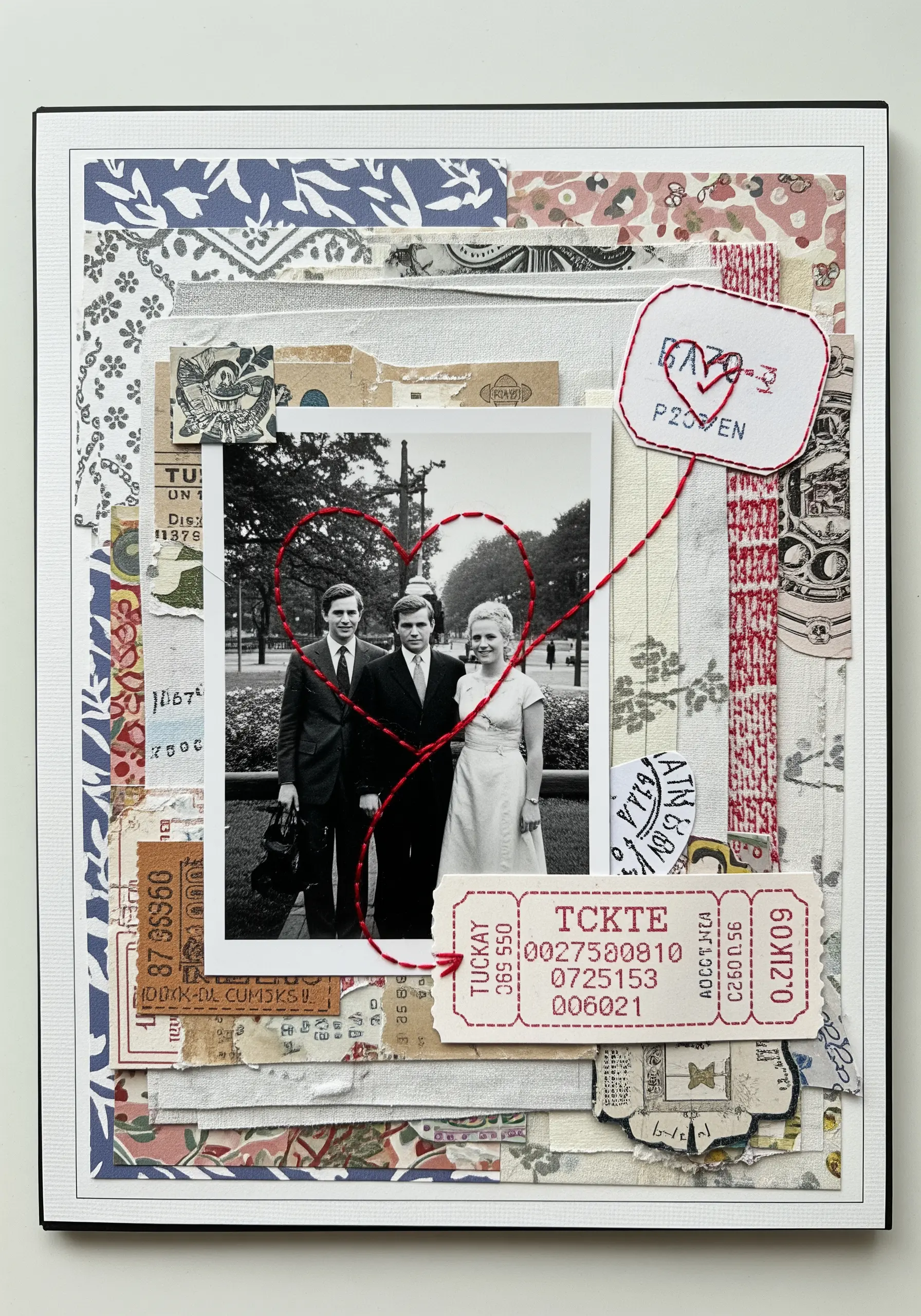 A memory collage with a vintage photo, ticket stubs, and red thread stitched into a heart.