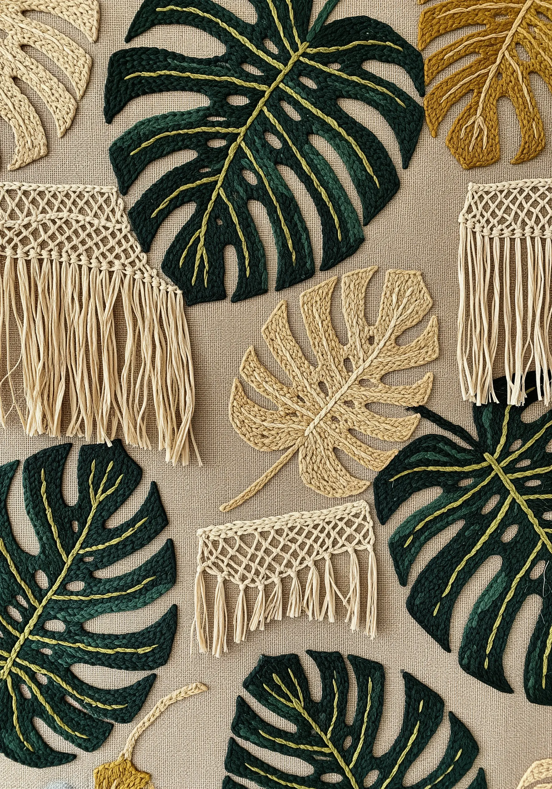 Embroidered monstera leaves and macrame fringe made from natural raffia.
