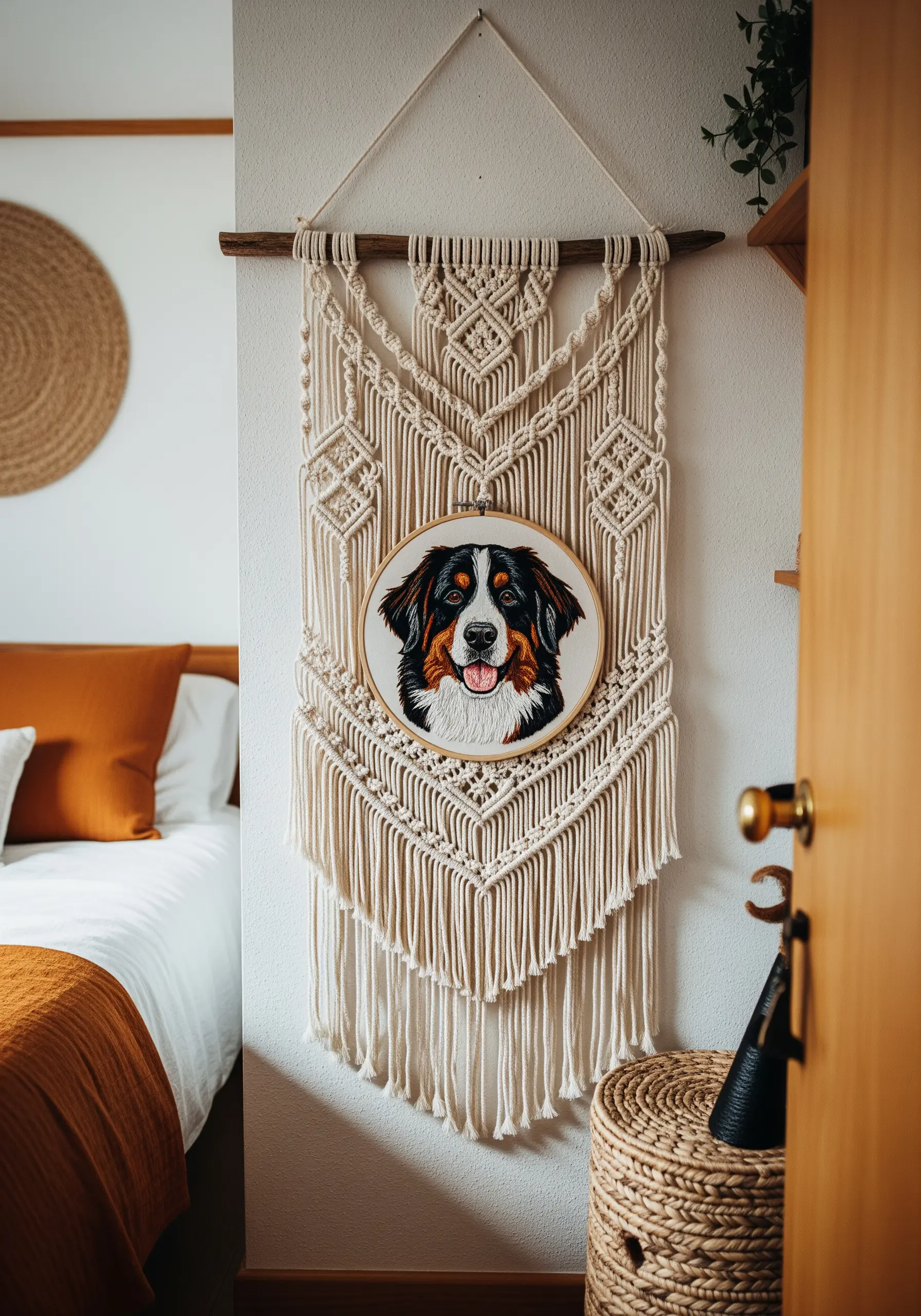 An embroidered dog portrait set into the center of a large macrame wall hanging.