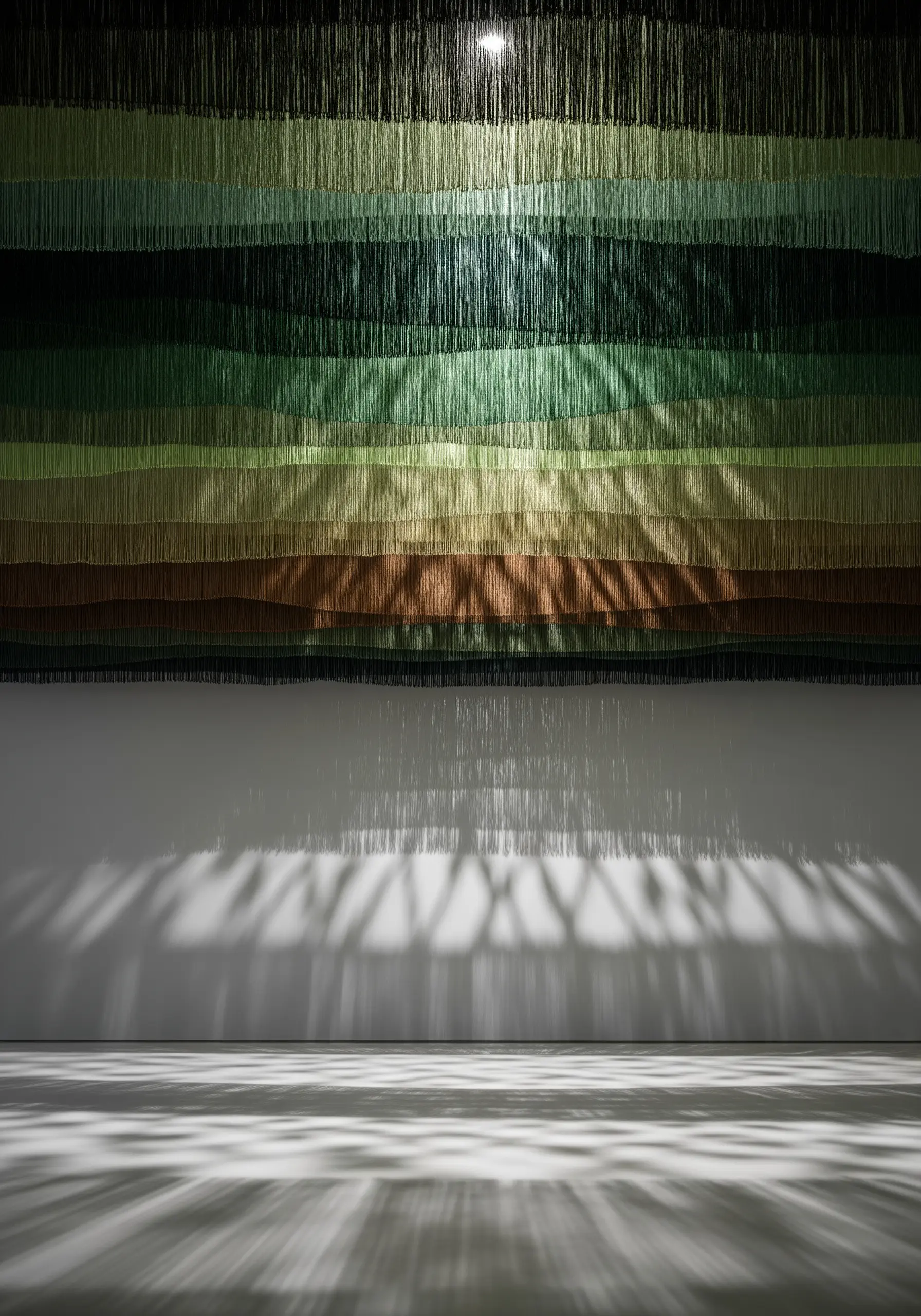 Wall-to-floor thread installation in earthy tones casting long, dramatic shadows.