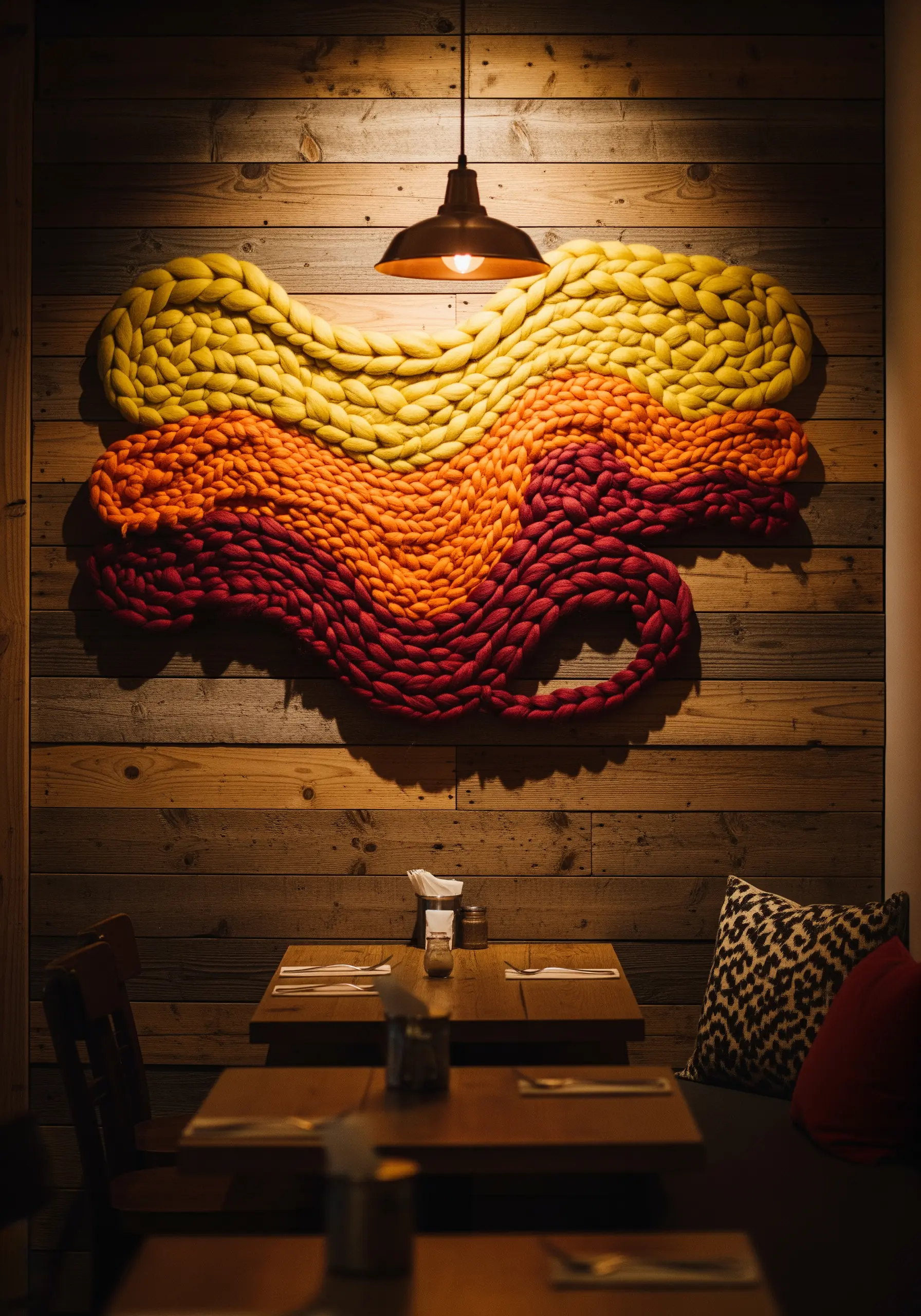 A chunky, hand-woven wall hanging in sunset colors made from thick wool roving.