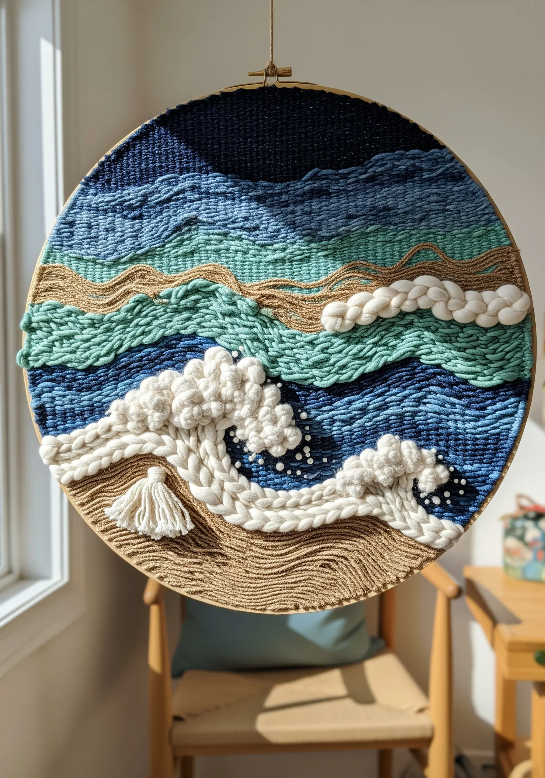 Circular woven wall hanging depicting an ocean wave with textured yarn and roving.