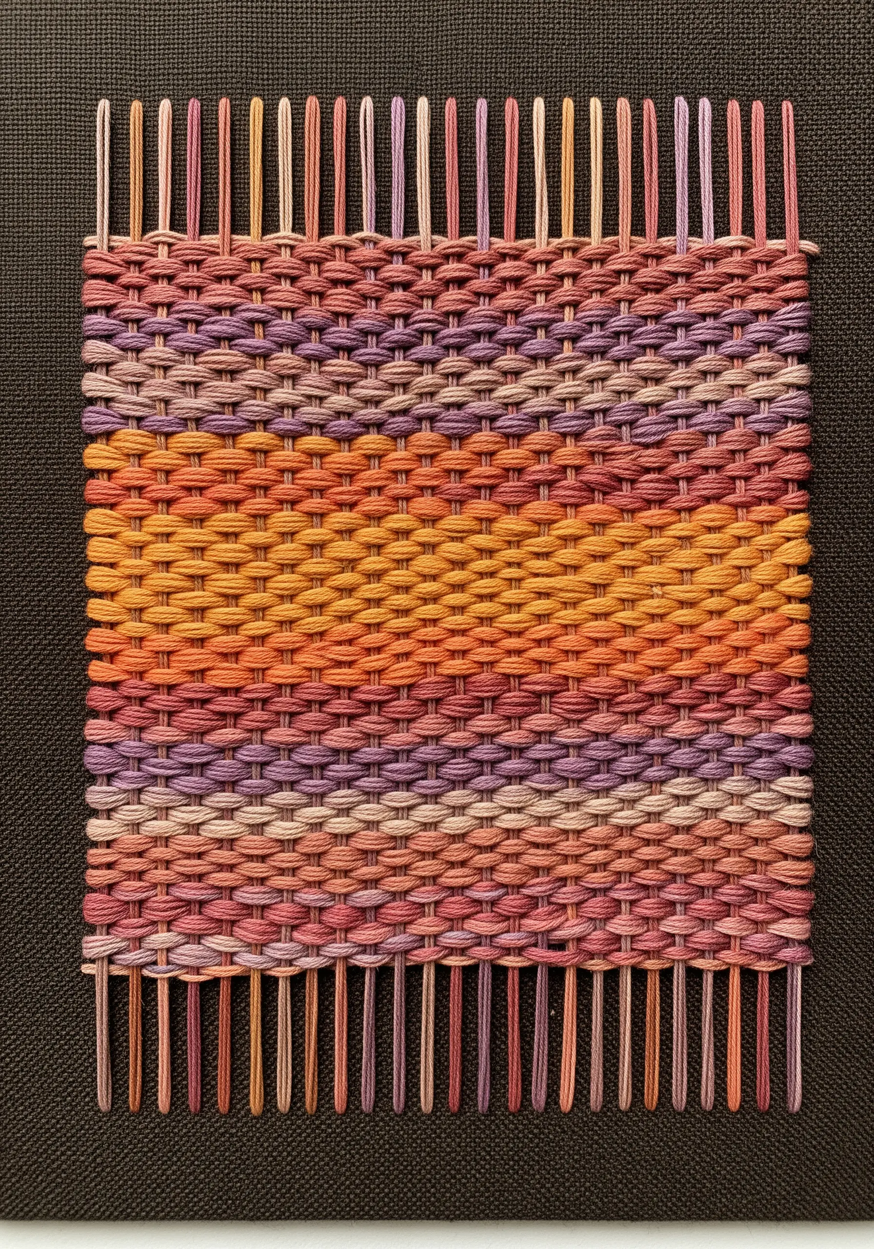 A woven patch with a visible warp and weft in sunset-colored threads.