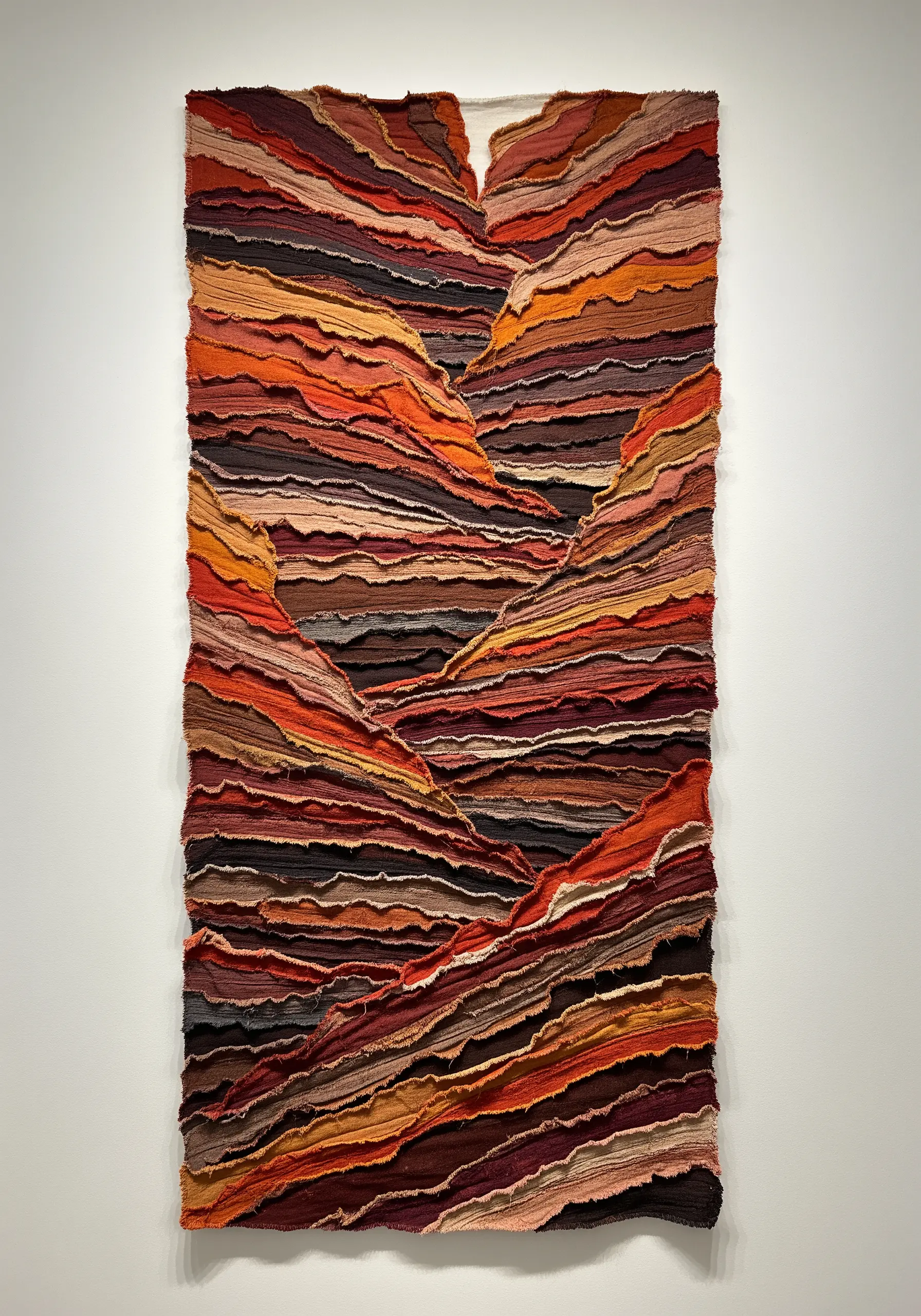 A textural wall hanging made of layered, raw-edged fabric strips in earthy red and brown tones.