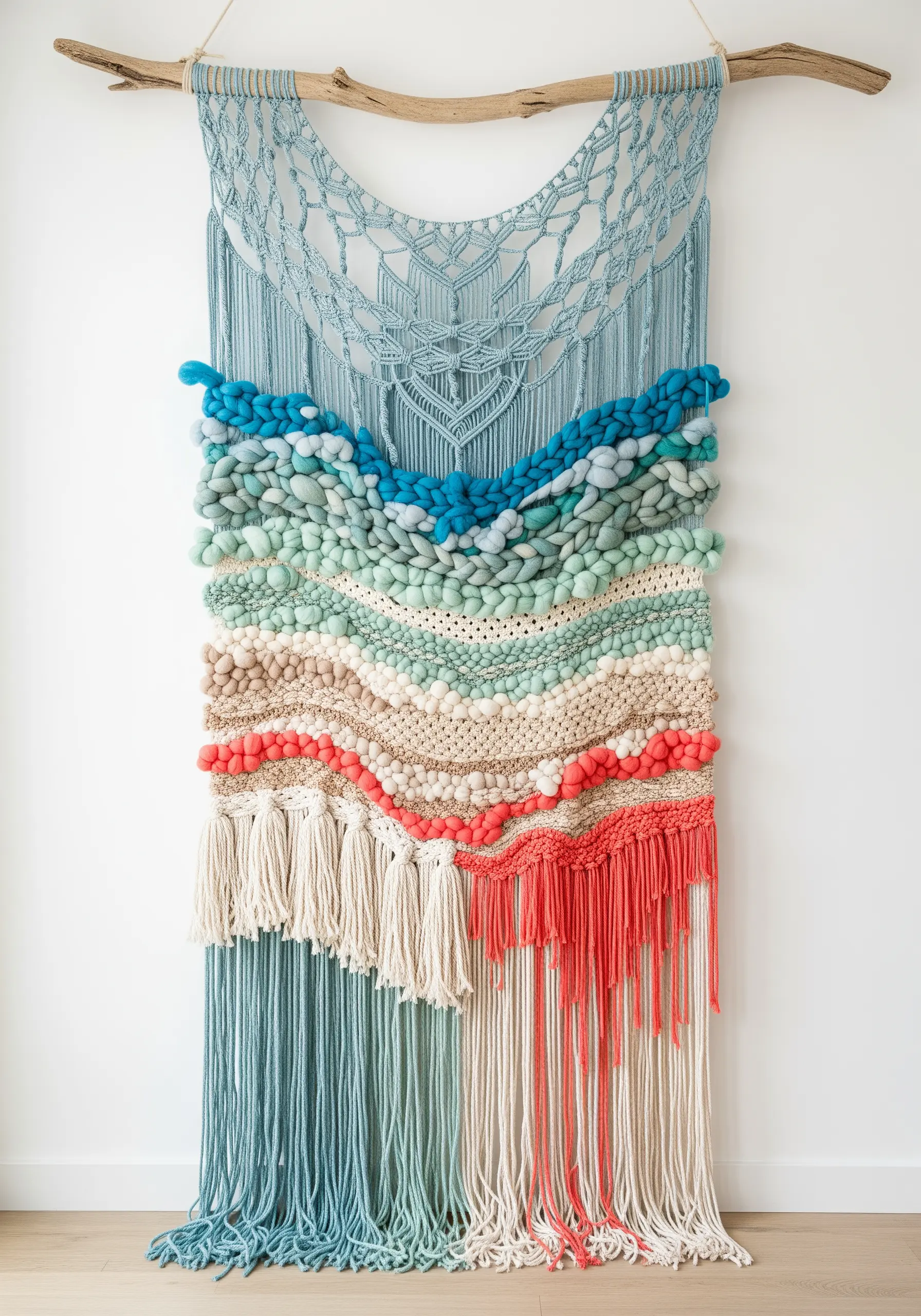 Large woven and macrame wall hanging with textural gradients in blues, greens, and coral.