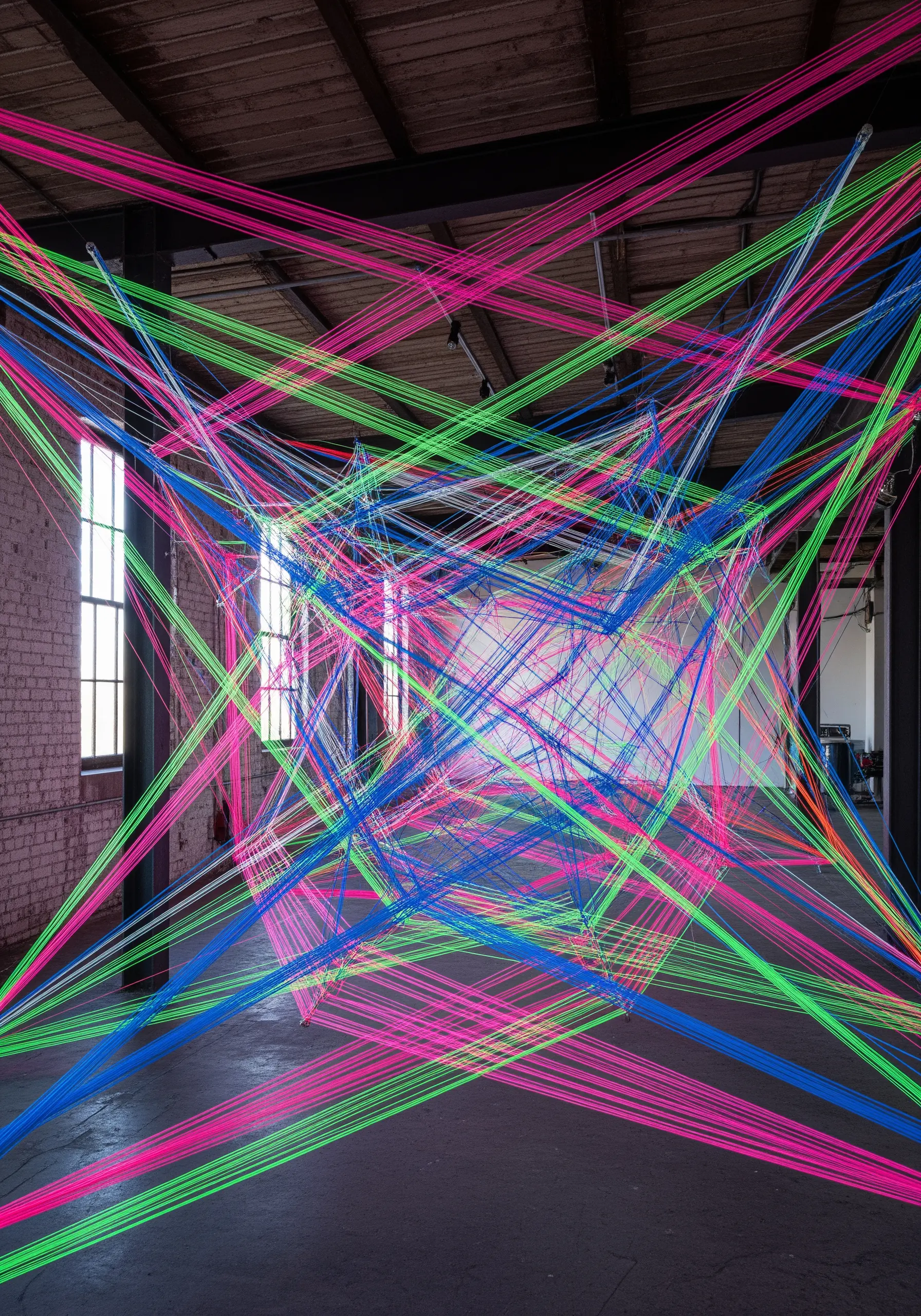 Geometric fiber art installation with intersecting neon pink, green, and blue threads.