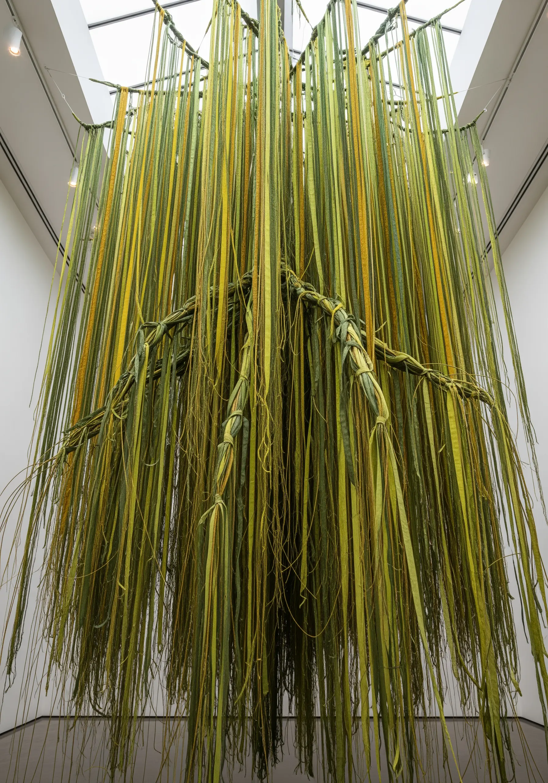 A hanging fiber art installation of long green and yellow threads resembling a willow tree.