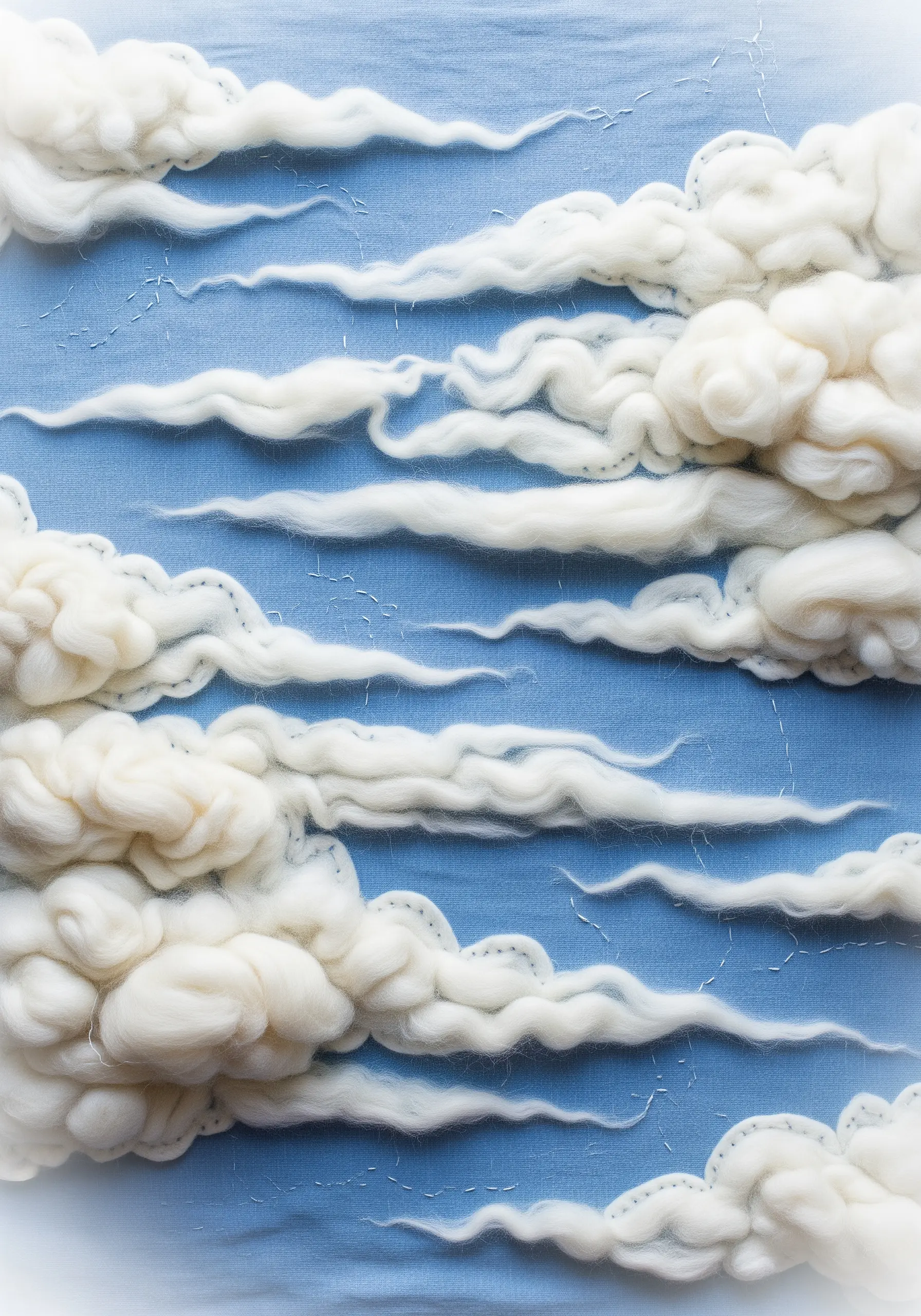 Wispy, three-dimensional clouds made from white wool roving attached to blue fabric with simple stitches.