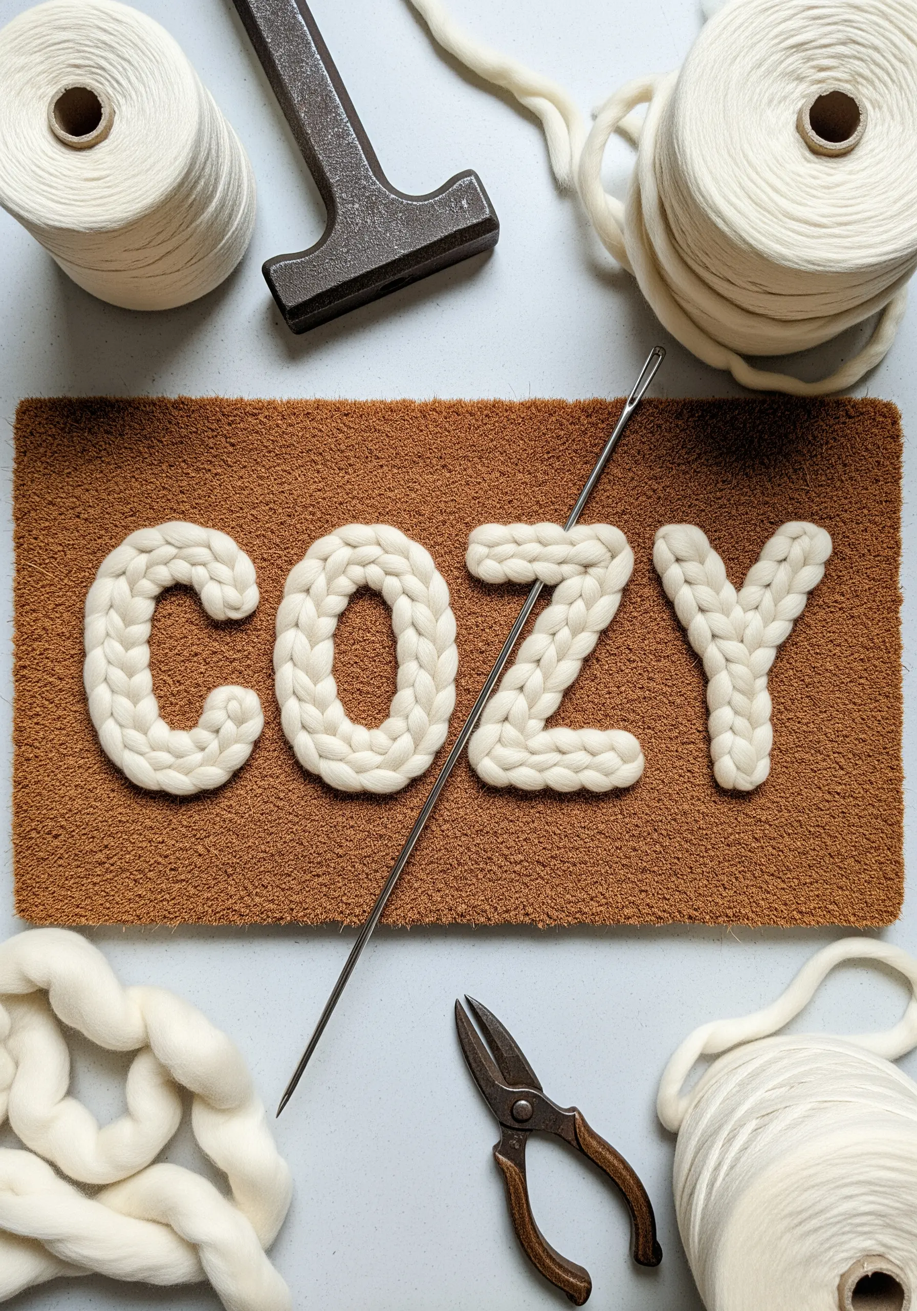 The word 'COZY' embroidered with chunky white yarn onto a brown coir doormat.