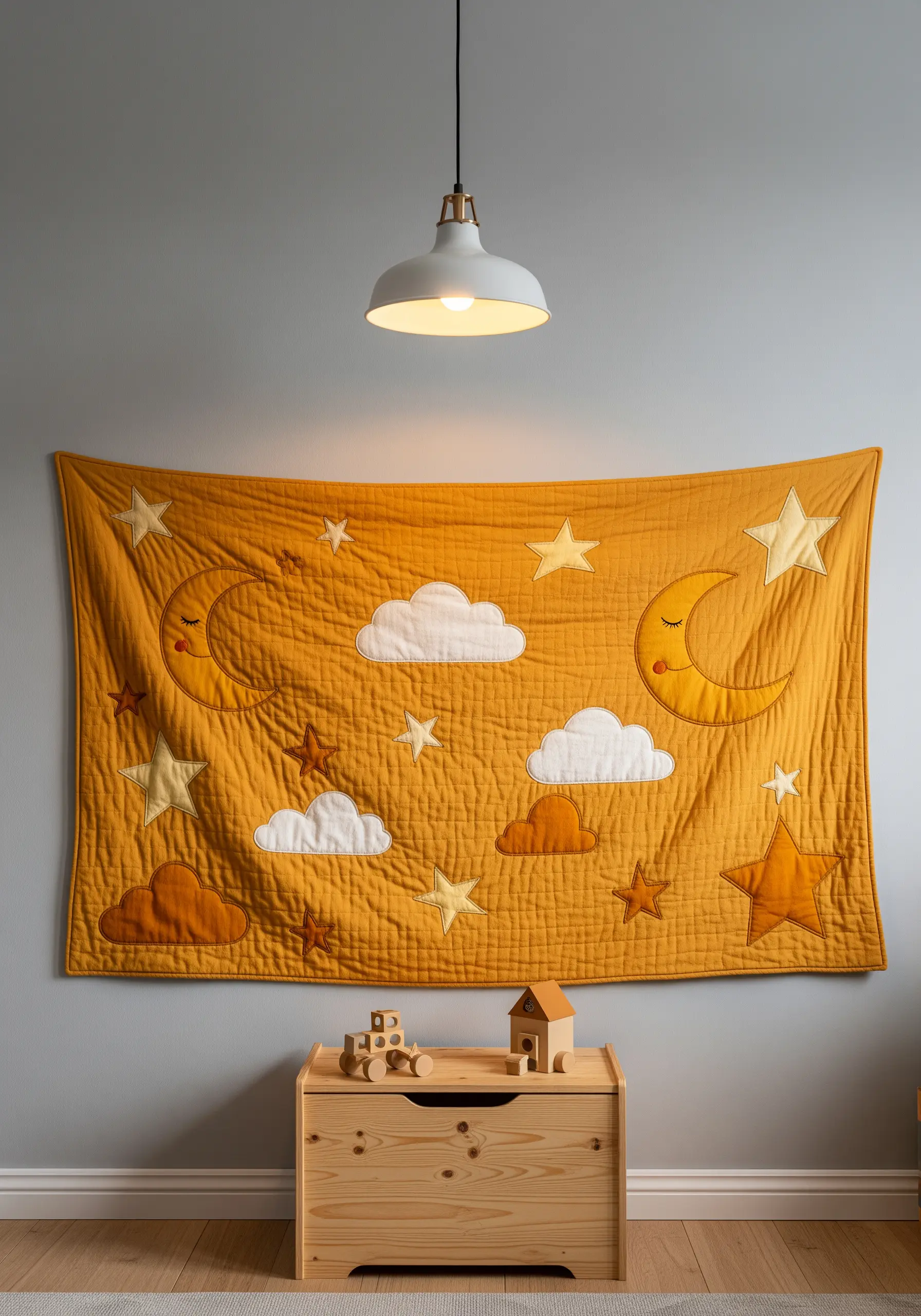 A quilted yellow wall hanging for a nursery with appliqué moons, stars, and clouds.