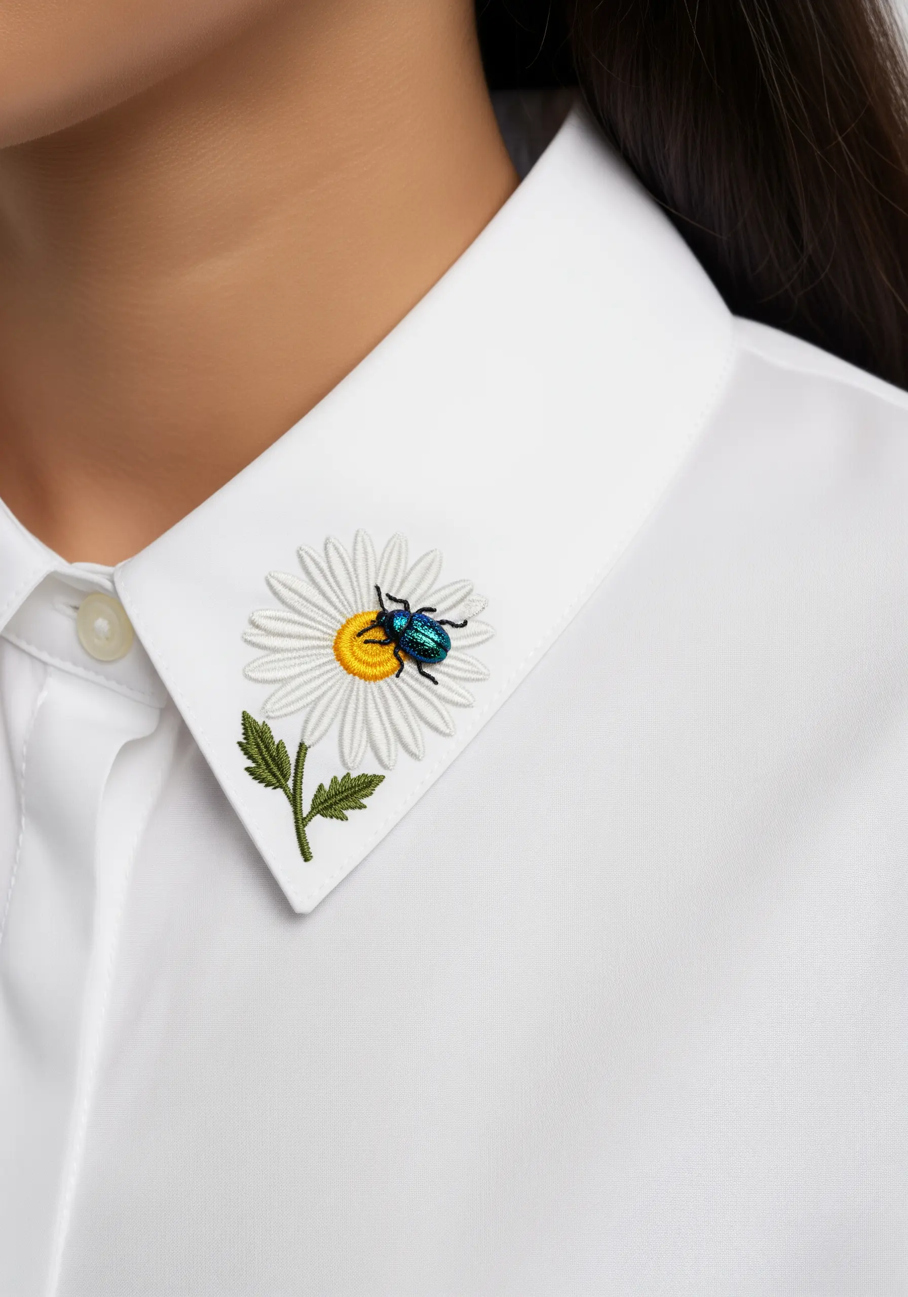 A single white daisy on a shirt collar with a shiny, three-dimensional blue beetle on it.