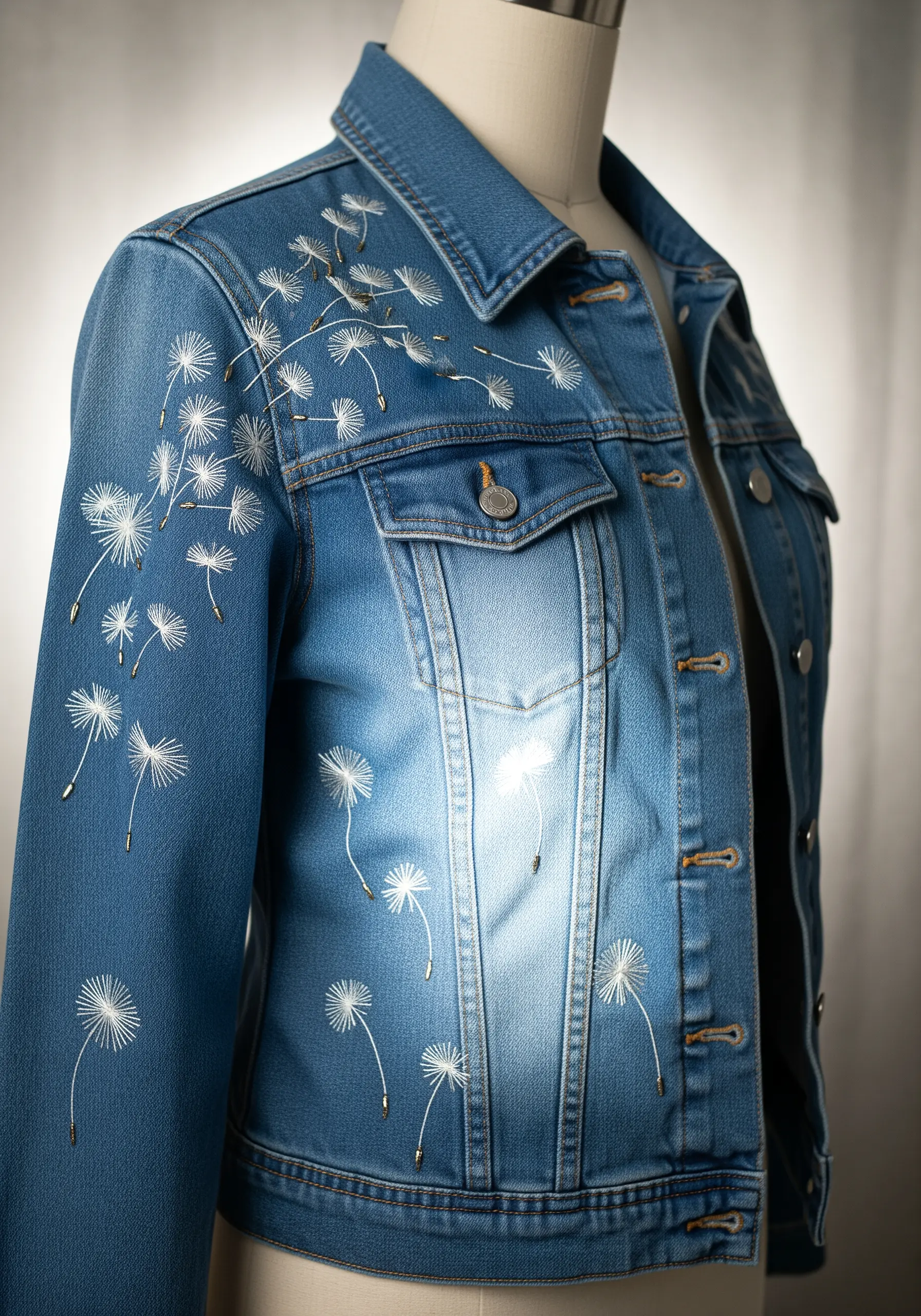 Dandelion seeds embroidered as if blowing across the front of a denim jacket.