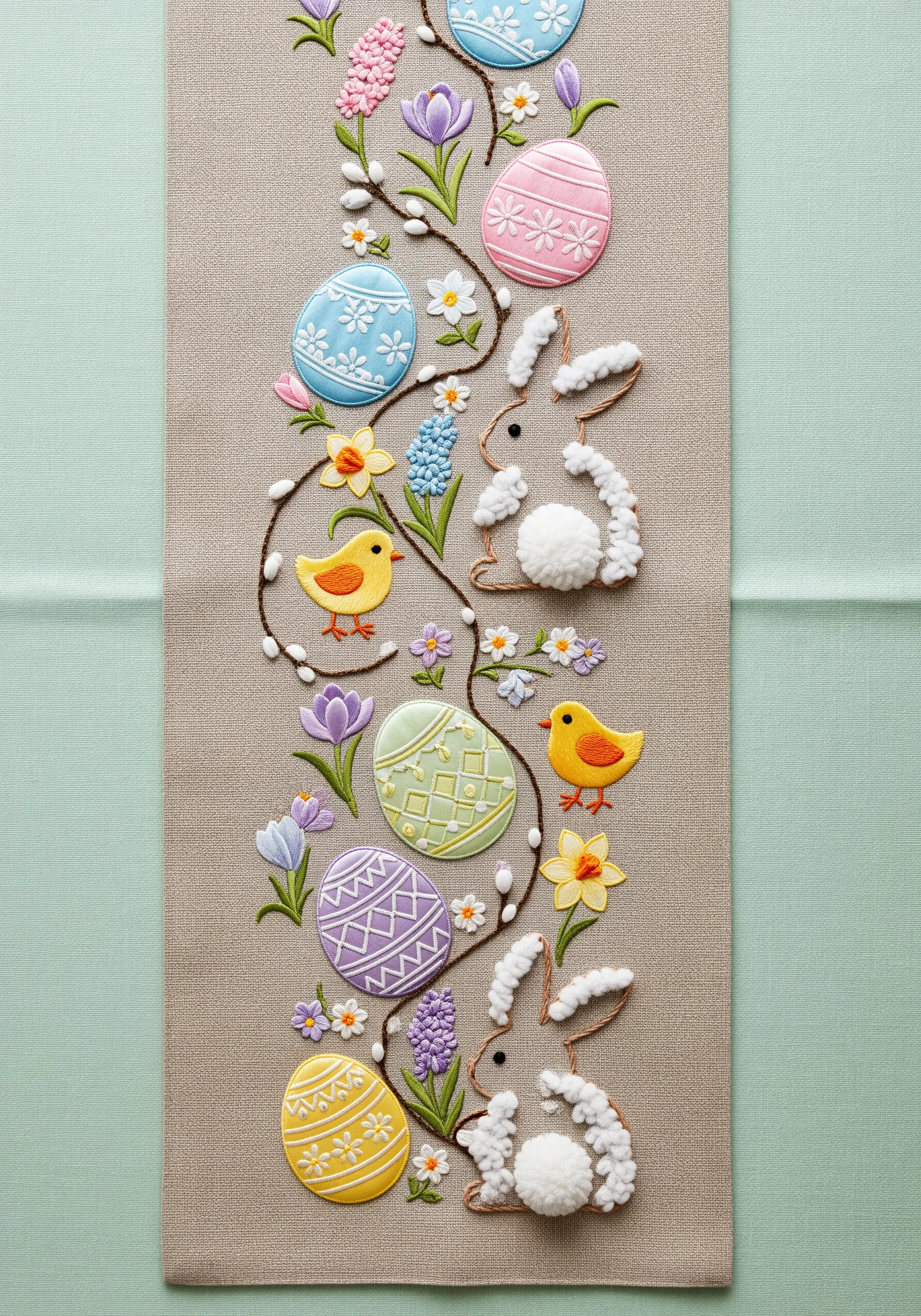 Easter table runner with embroidered flowers and appliquéd eggs, chicks, and bunnies.