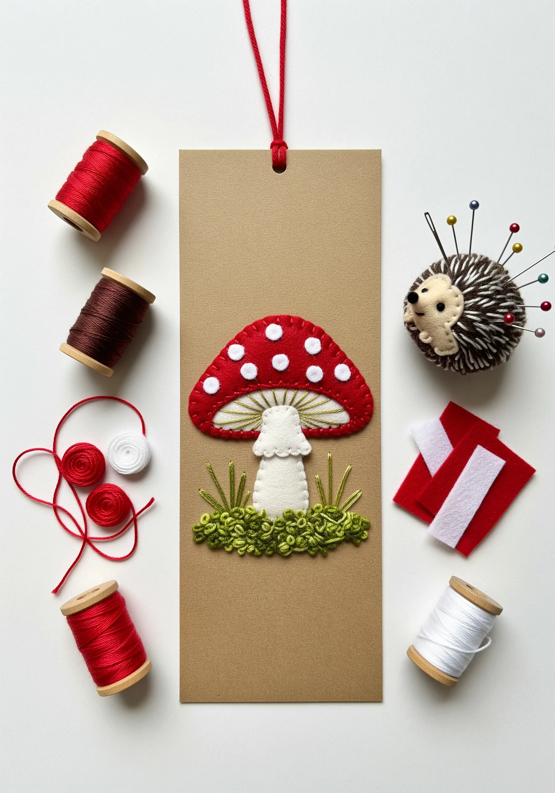 Red felt mushroom appliqué on a bookmark with embroidered grass using textured loop stitches.